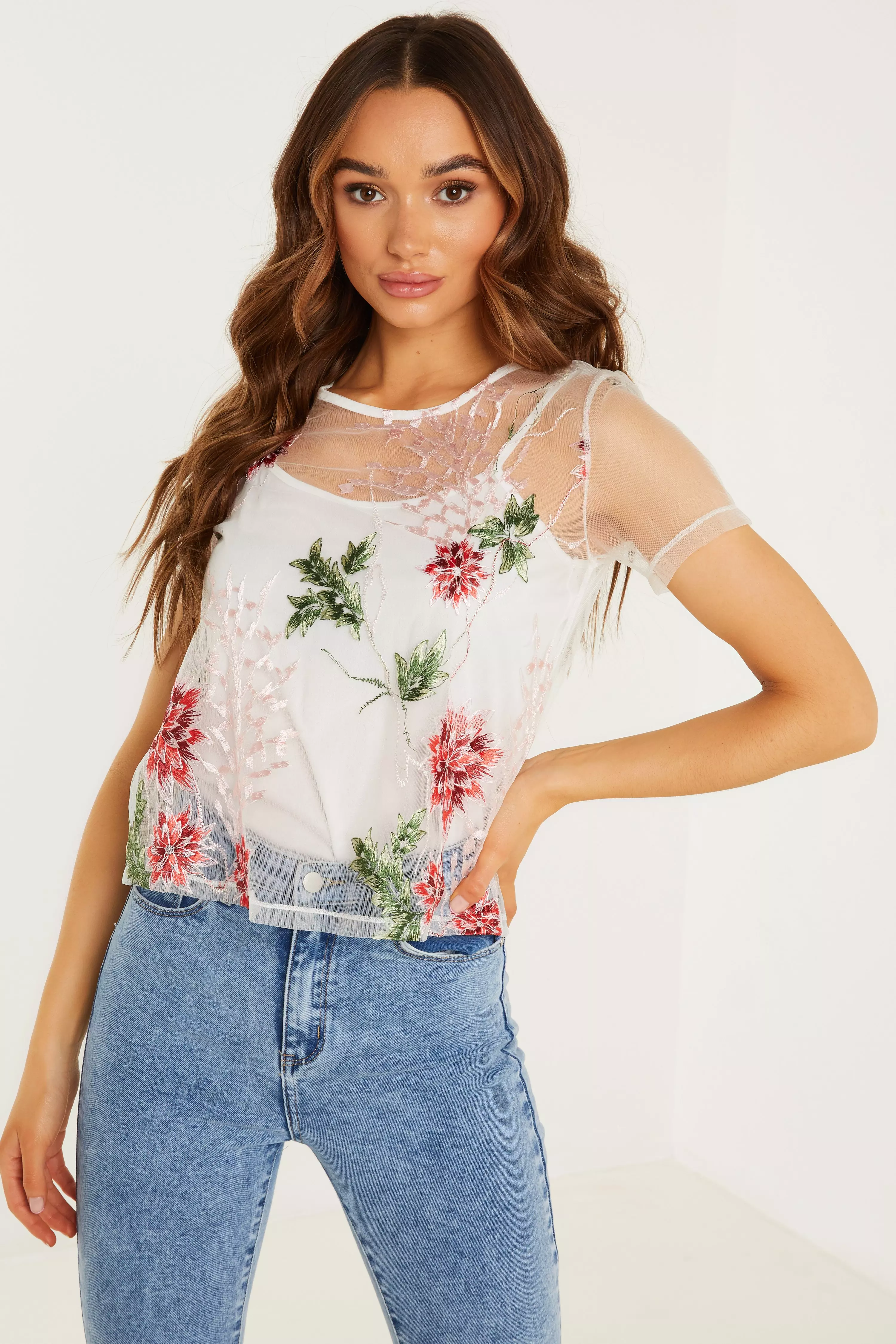 White mesh embroidered store top