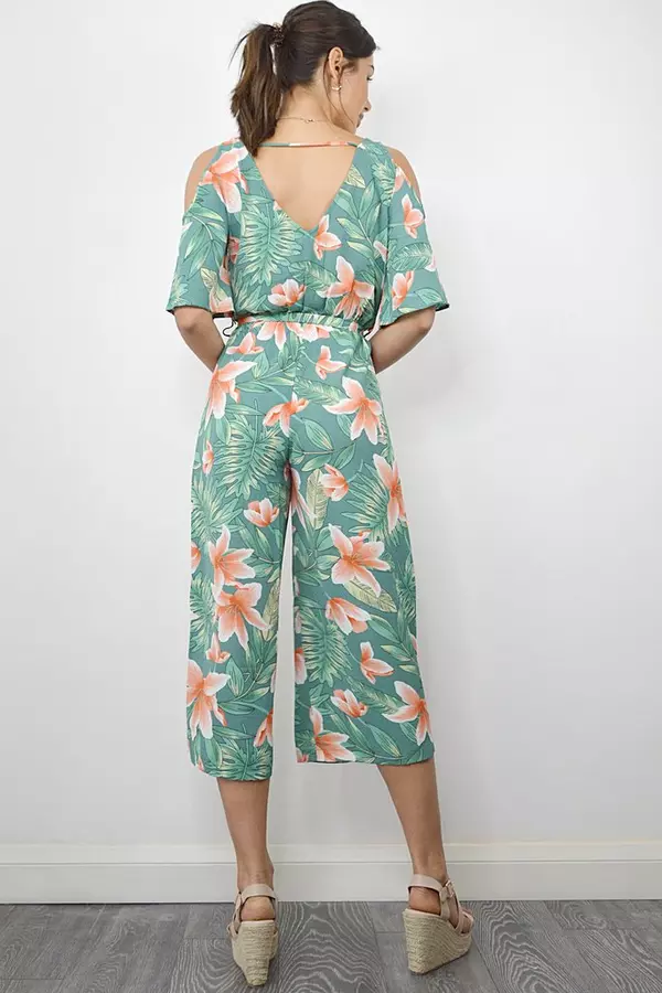 Green and Coral Tropical Cold Shoulder Jumpsuit