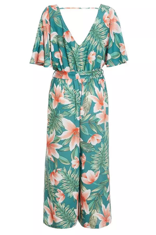 Green and Coral Tropical Cold Shoulder Jumpsuit