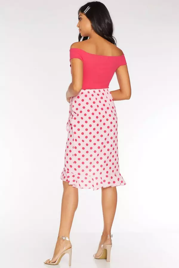 Petite Pink Polka Dot Wrap Frill Skirt