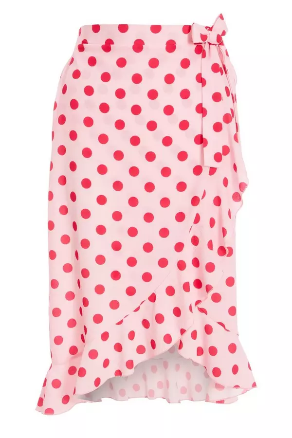 Petite Pink Polka Dot Wrap Frill Skirt