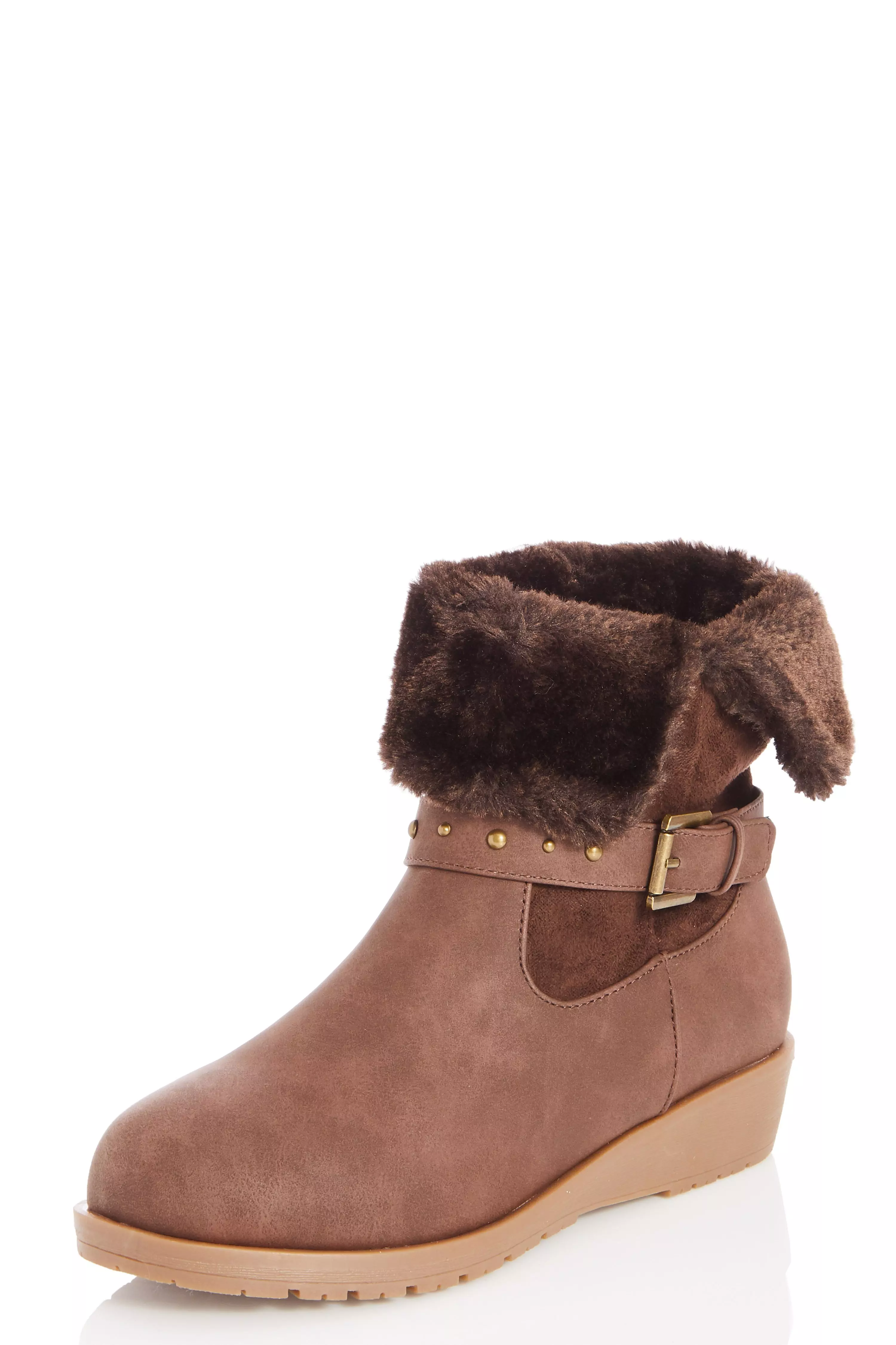 Brown Faux Leather Stud Strap Wedge Boots