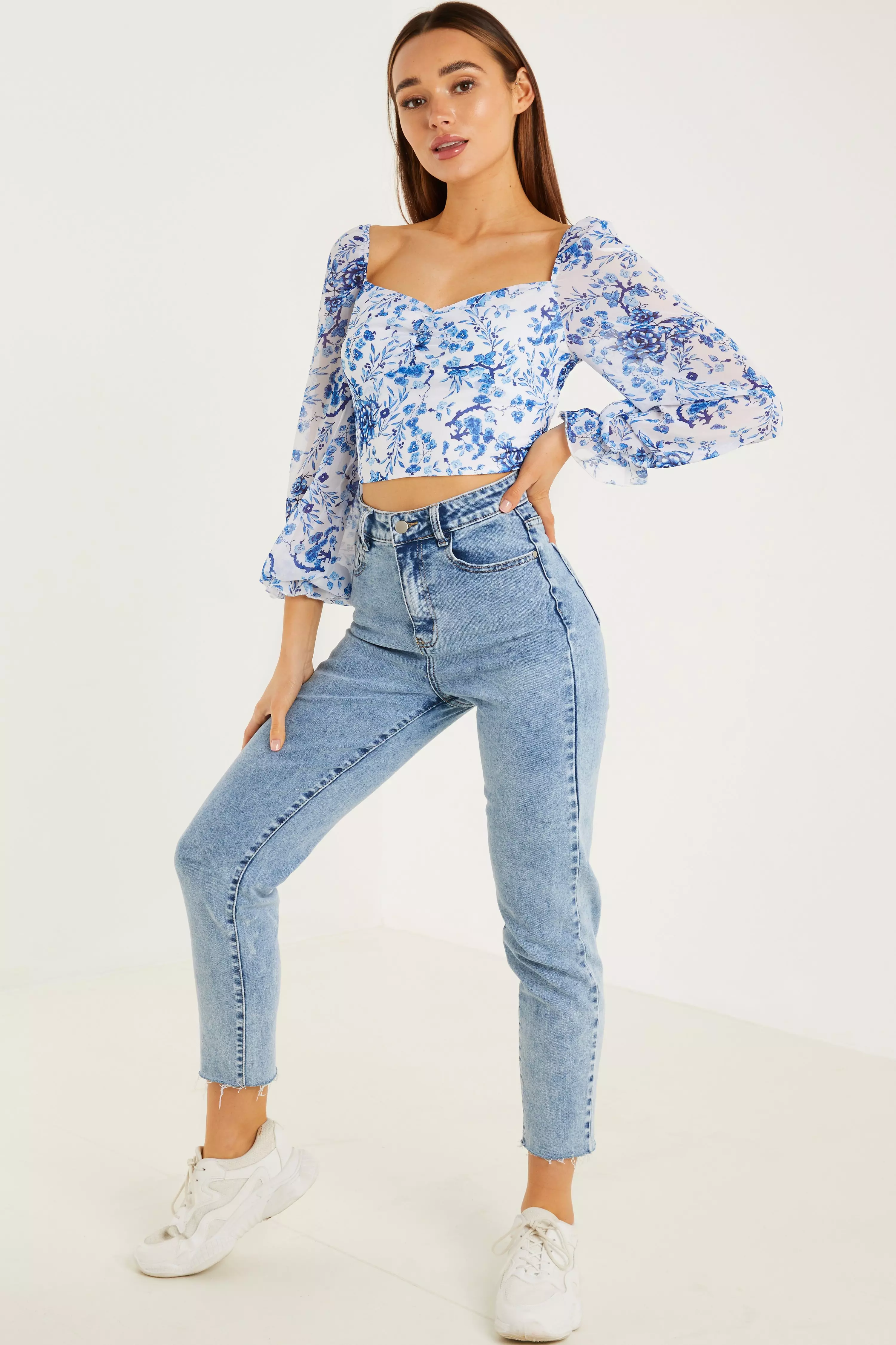 Blue Floral Print Crop Top