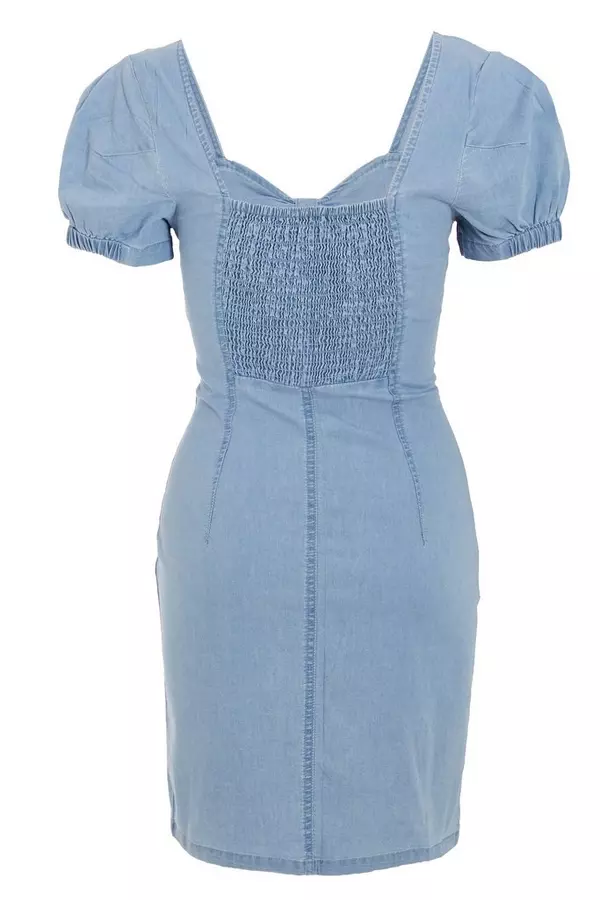 Blue Denim Sweetheart Puff Sleeve Dress