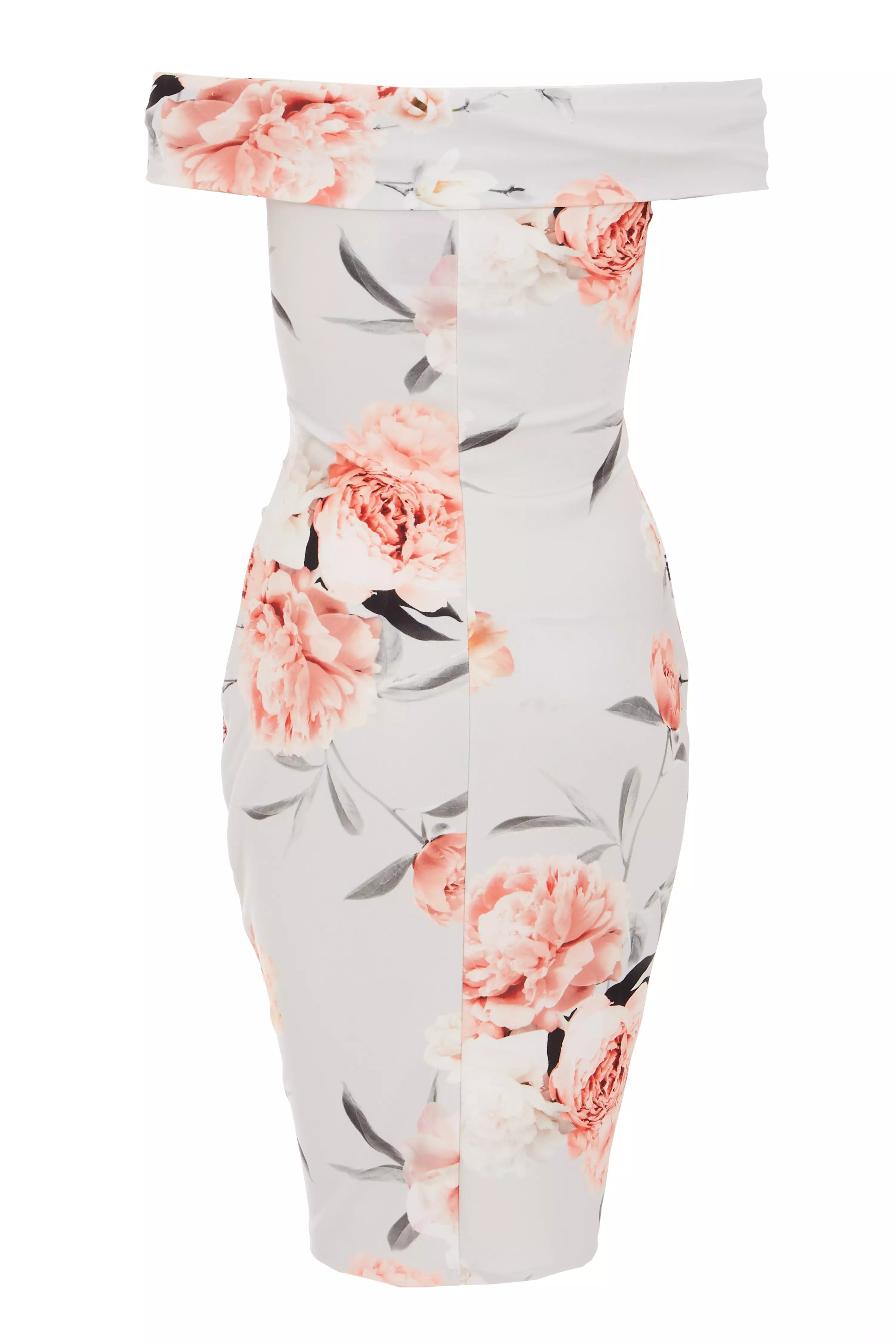 Grey Floral Print Bardot Midi Dress