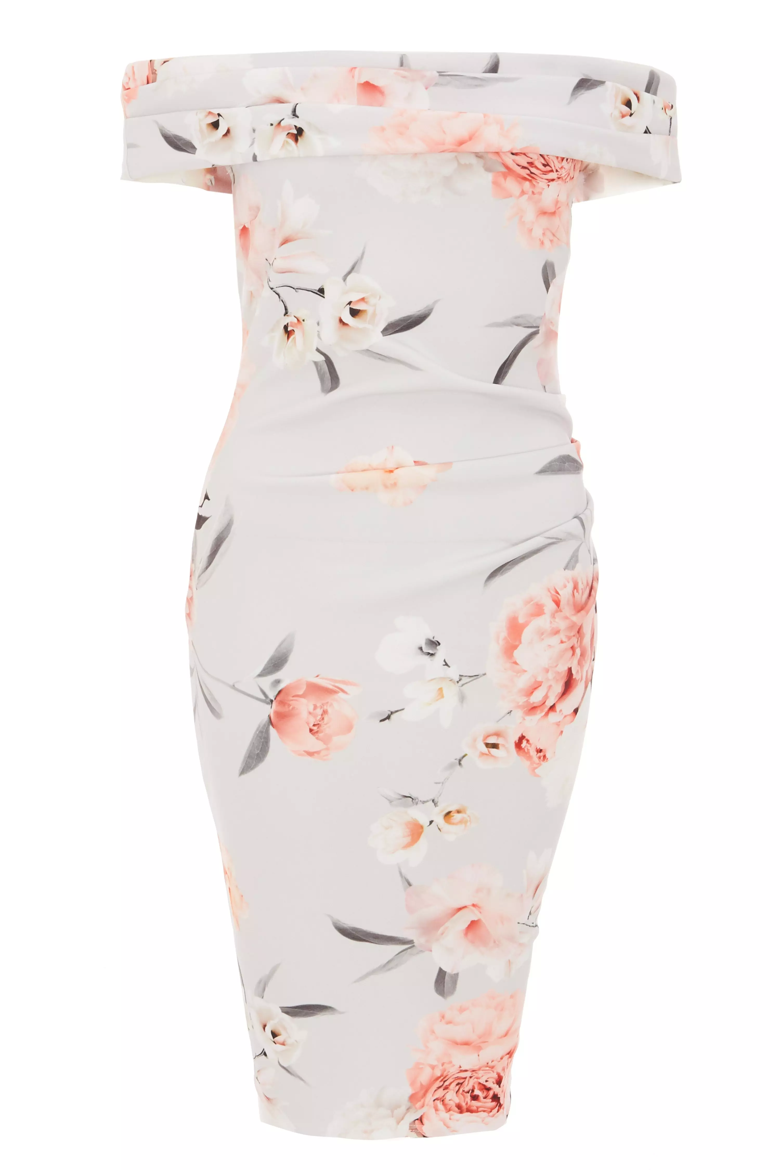 Grey Floral Print Bardot Midi Dress