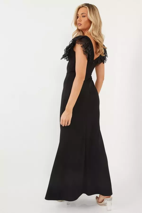 Black Mesh Ruffle Shoulder Maxi Dress