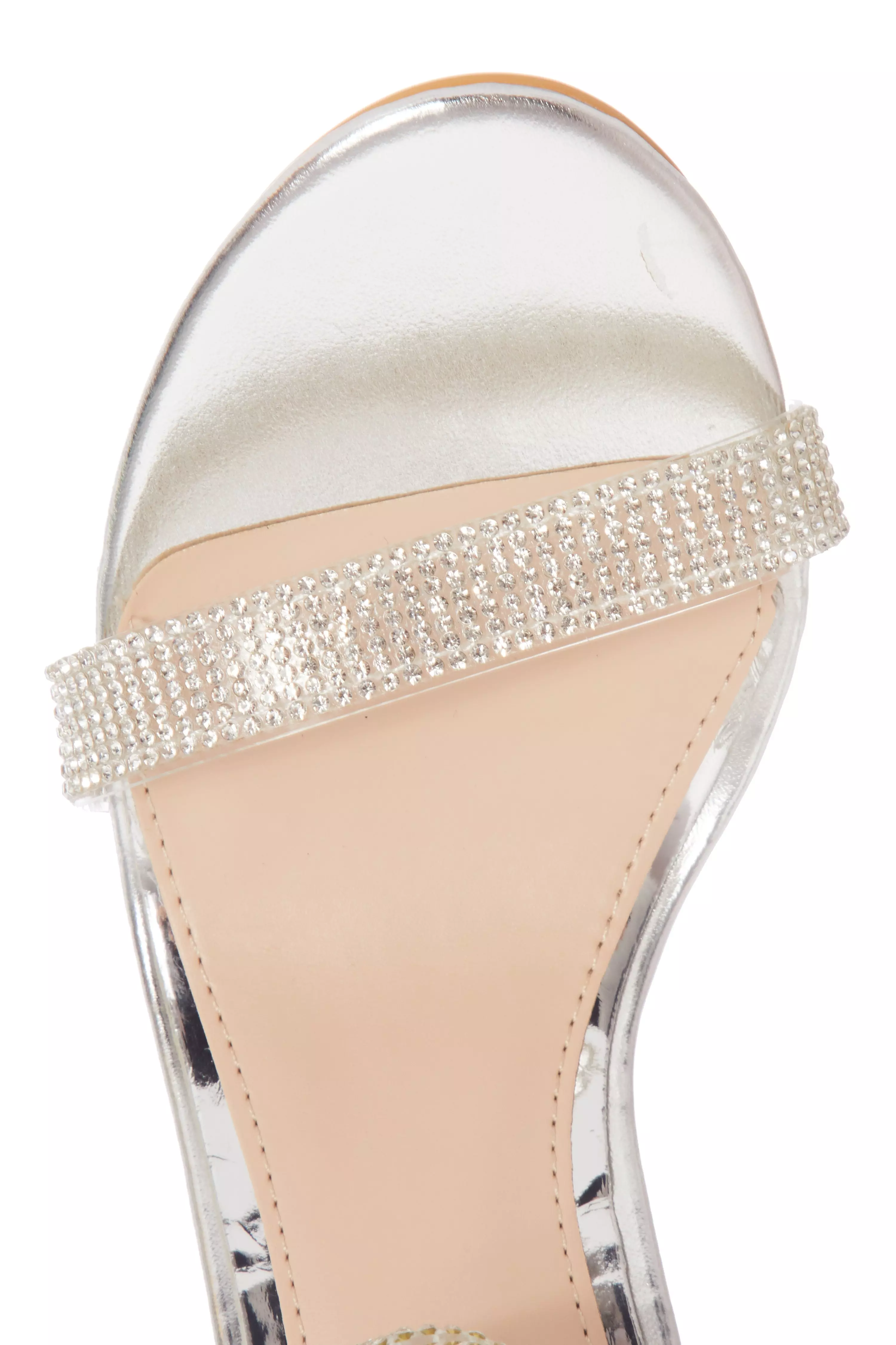 Silver Embellished Clear Block Heel Sandals