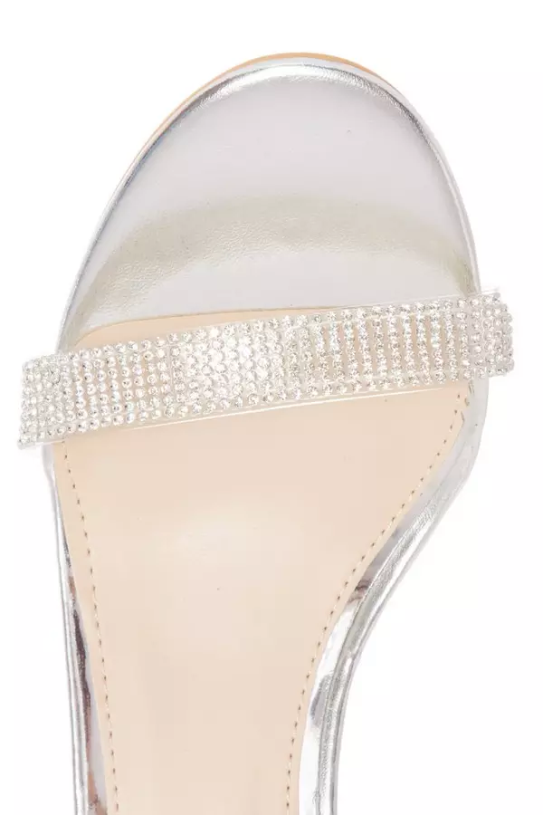 Silver Diamante Low Block Heel Sandals