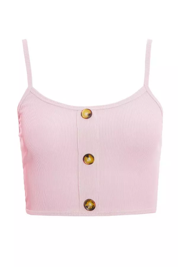 Pink Ribbed Strappy Crop Top