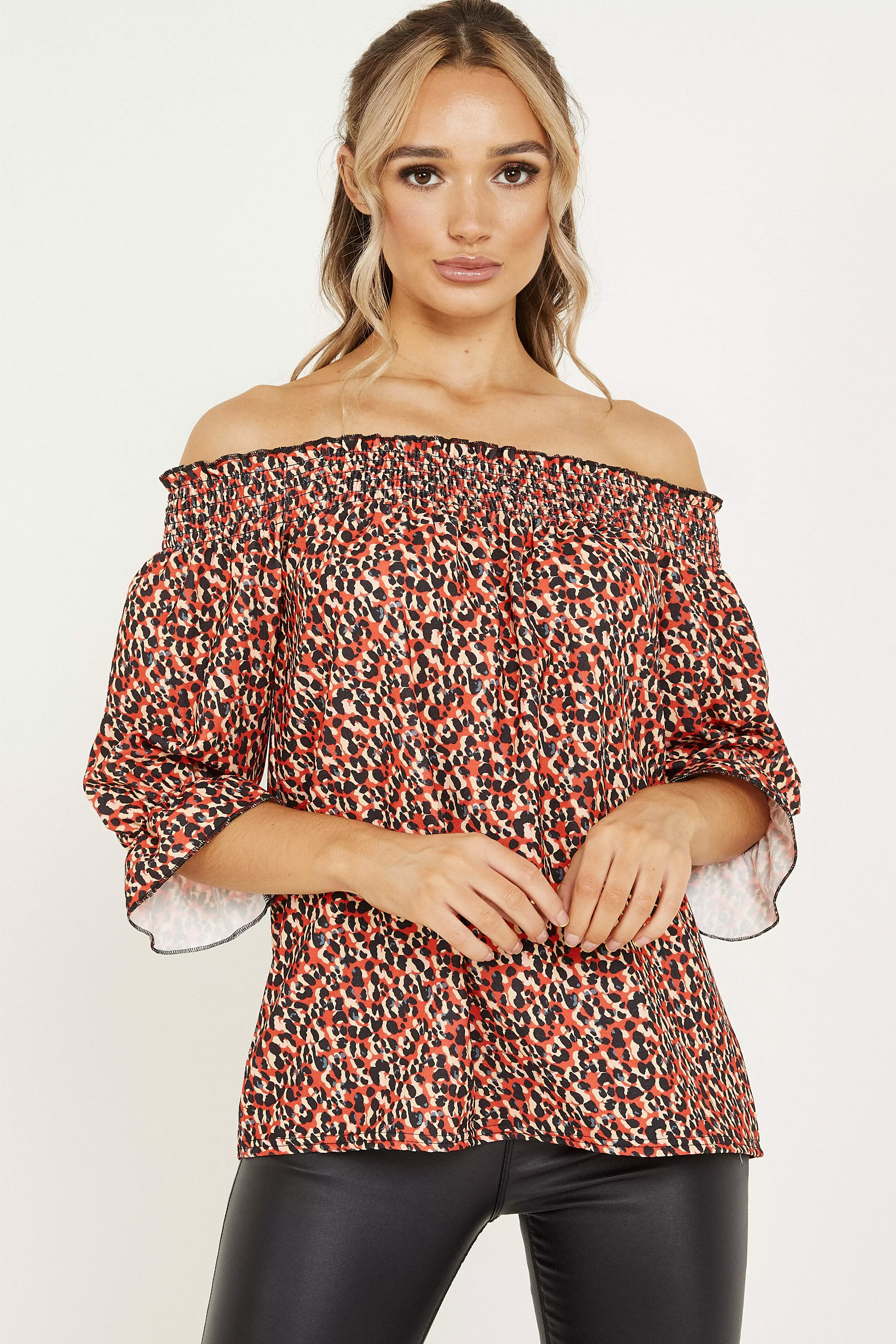 Red Leopard Print Bardot Top