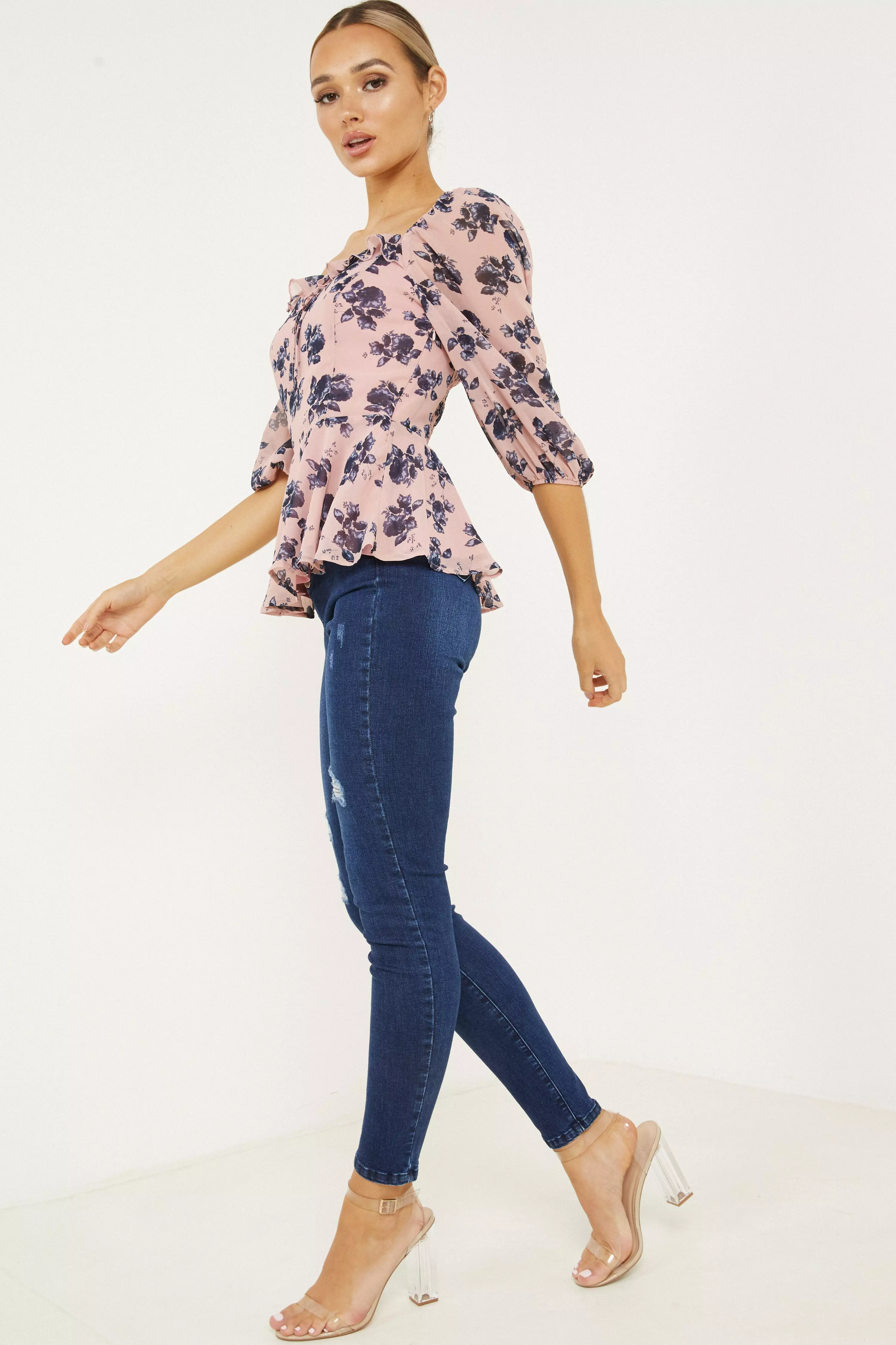 Pink & Navy Floral Peplum Top