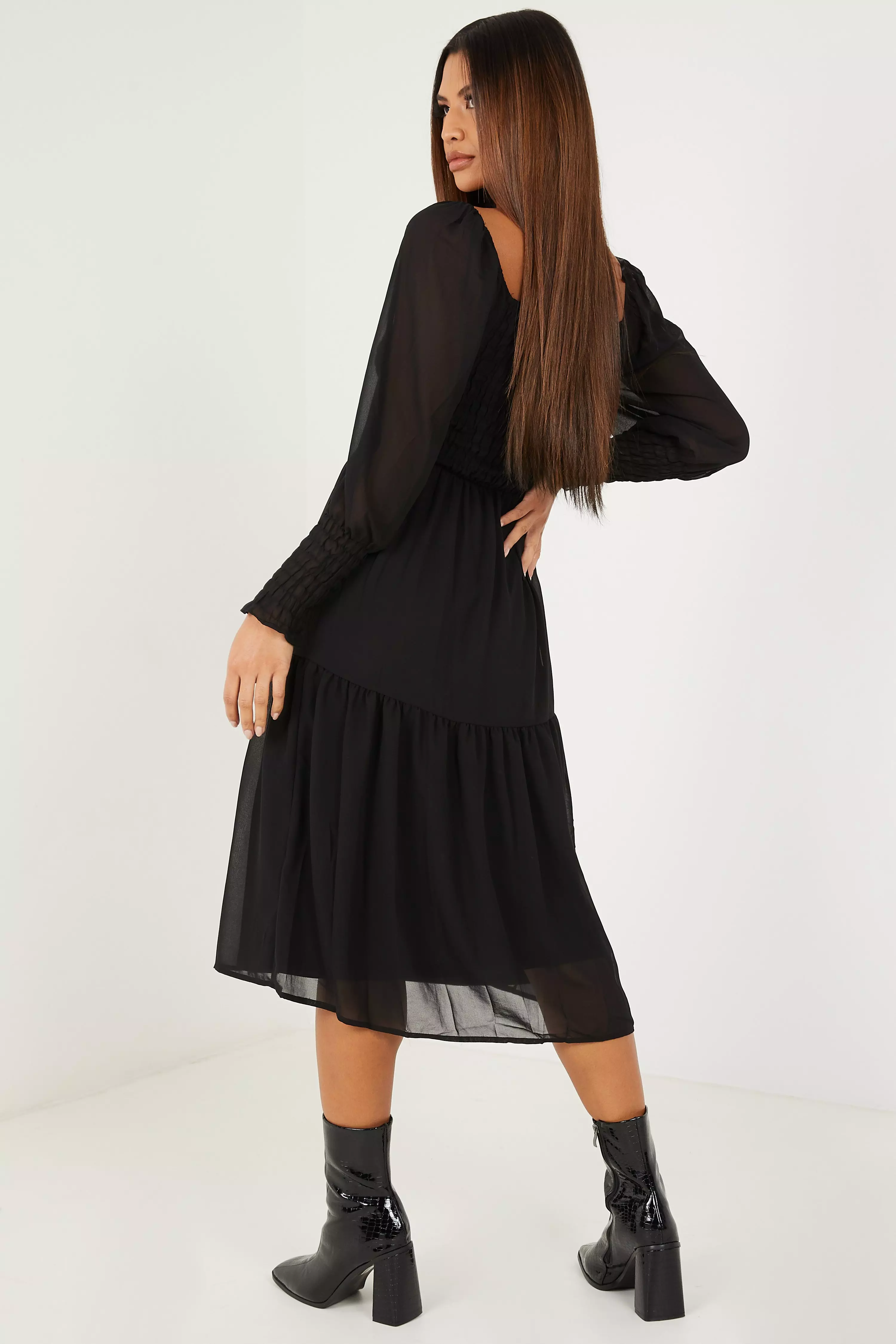 Black Chiffon Shirred Tiered Midi Dress
