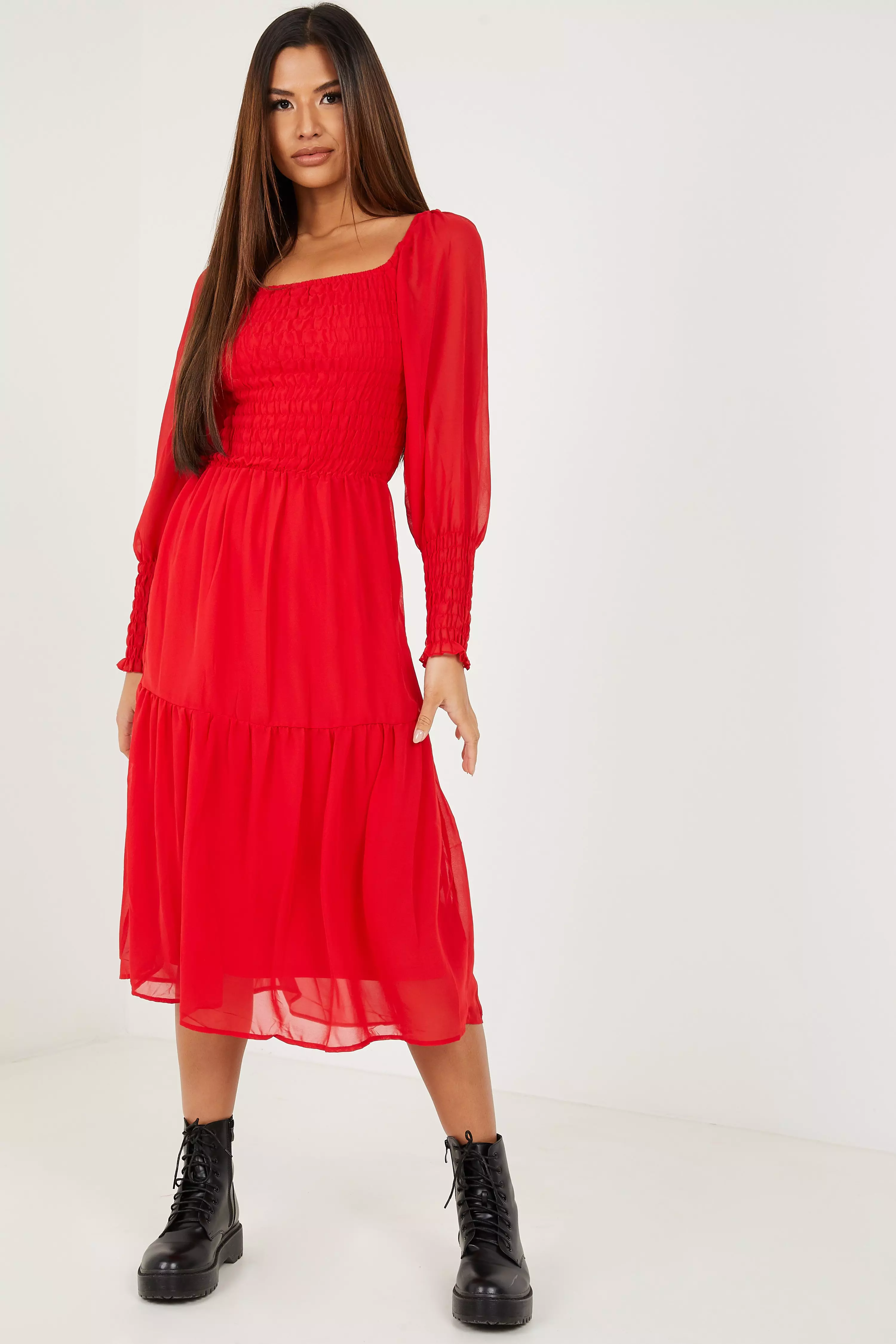 Red Chiffon Shirred Tiered Midi Dress