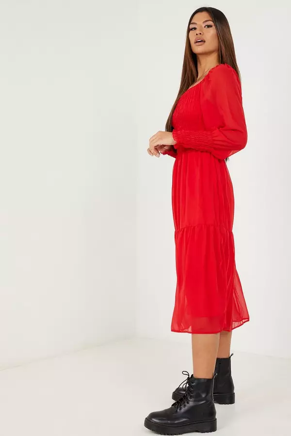 Red Chiffon Shirred Tiered Midi Dress