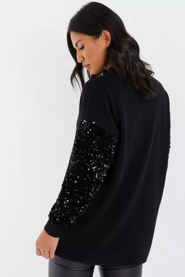 Black Knitted Sequin Sleeve Jumper