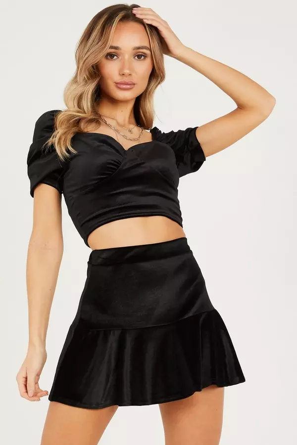 Black Velvet Frill Mini Skirt