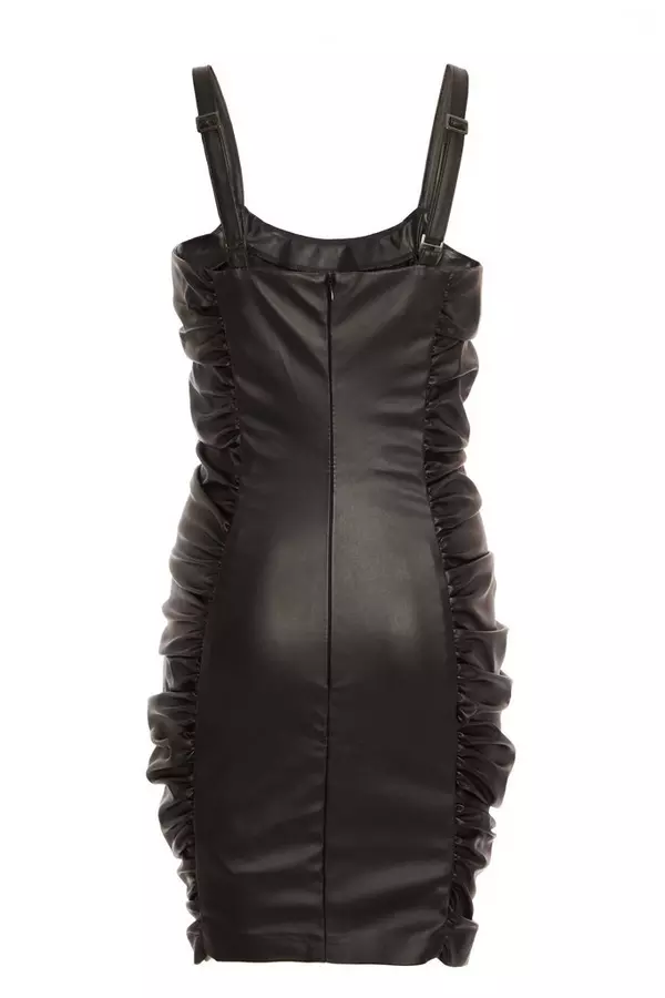 Black Faux leather Ruched Bodycon Dress