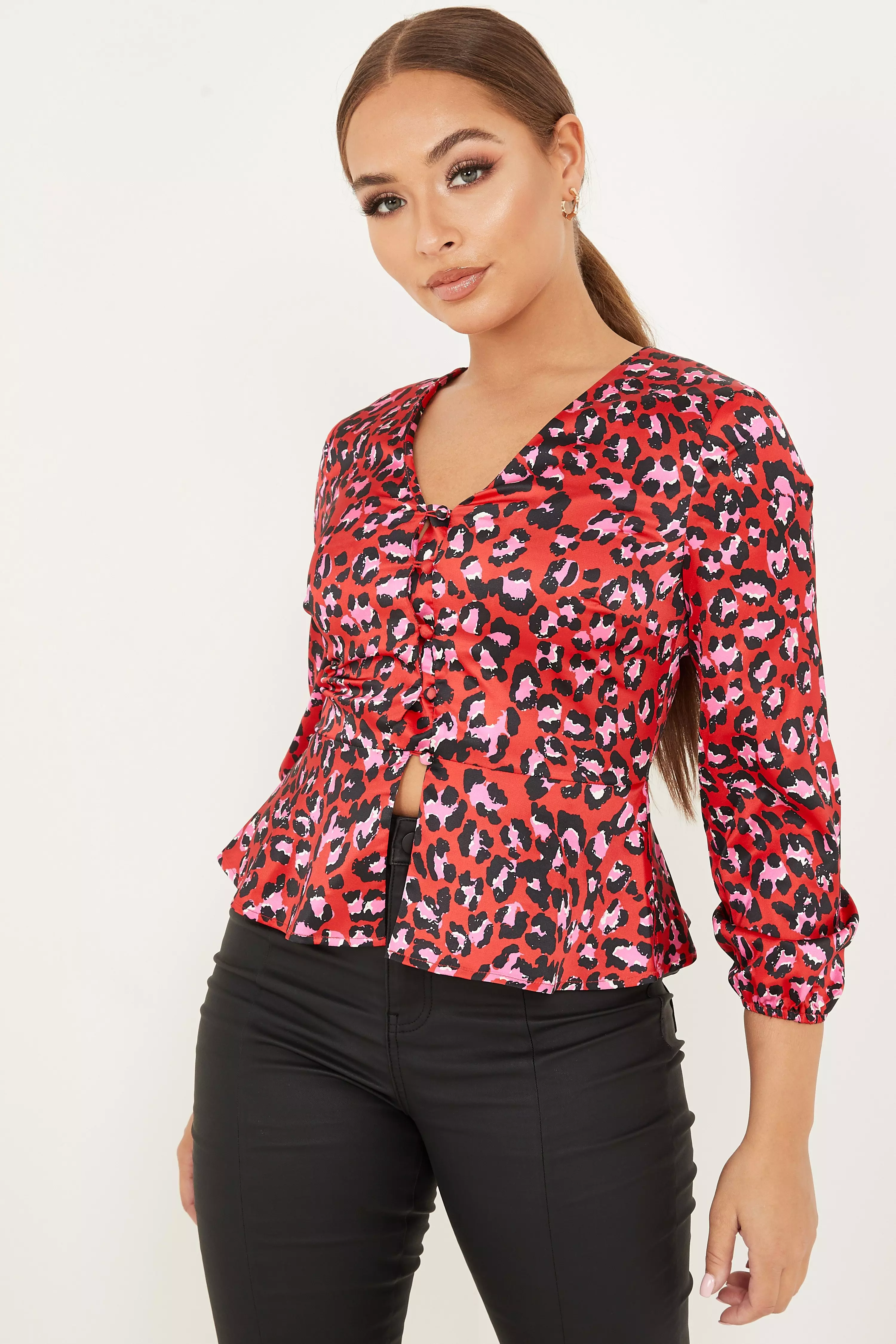 Petite Red Leopard Print Peplum Top