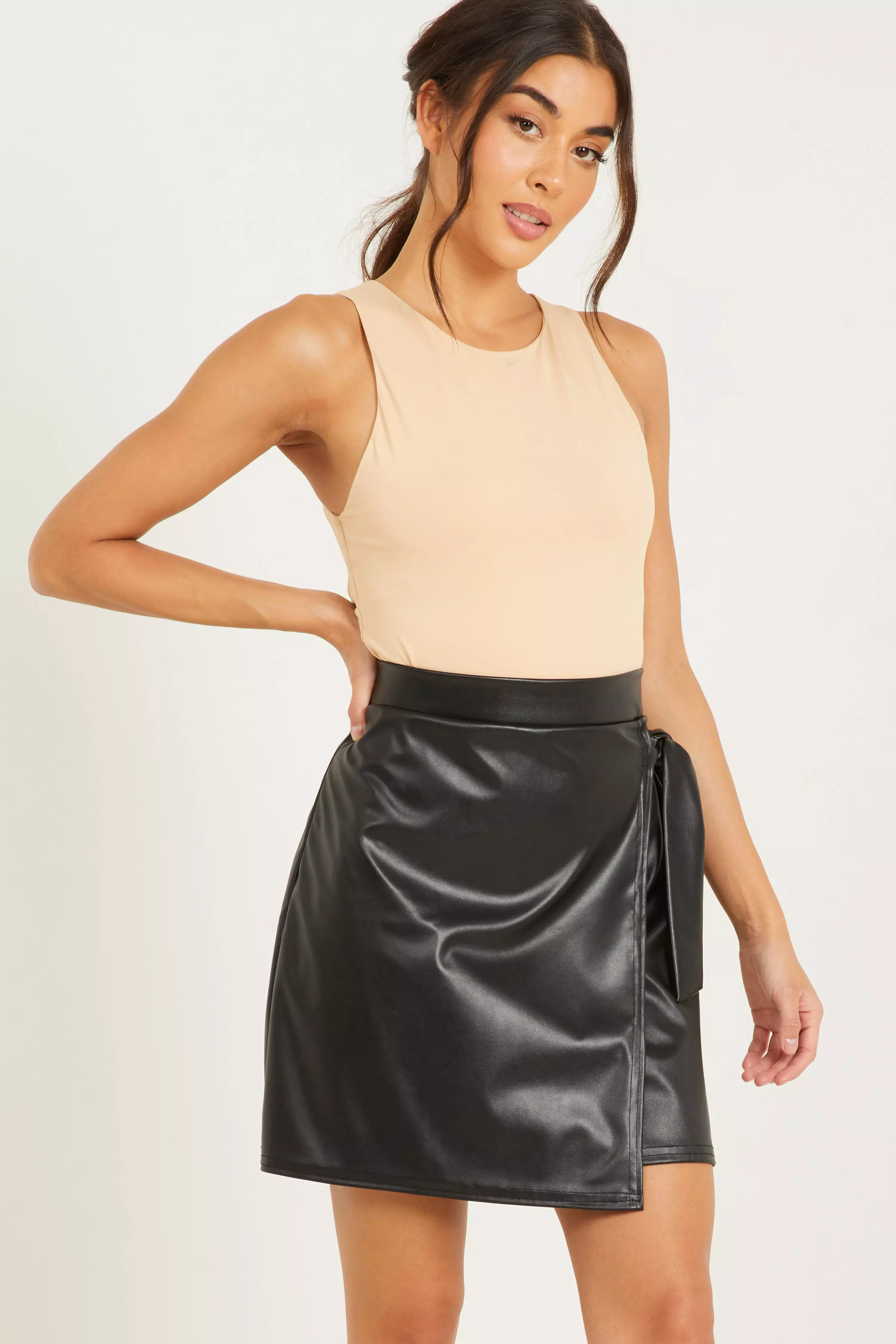 Black Faux Leather Wrap Skirt