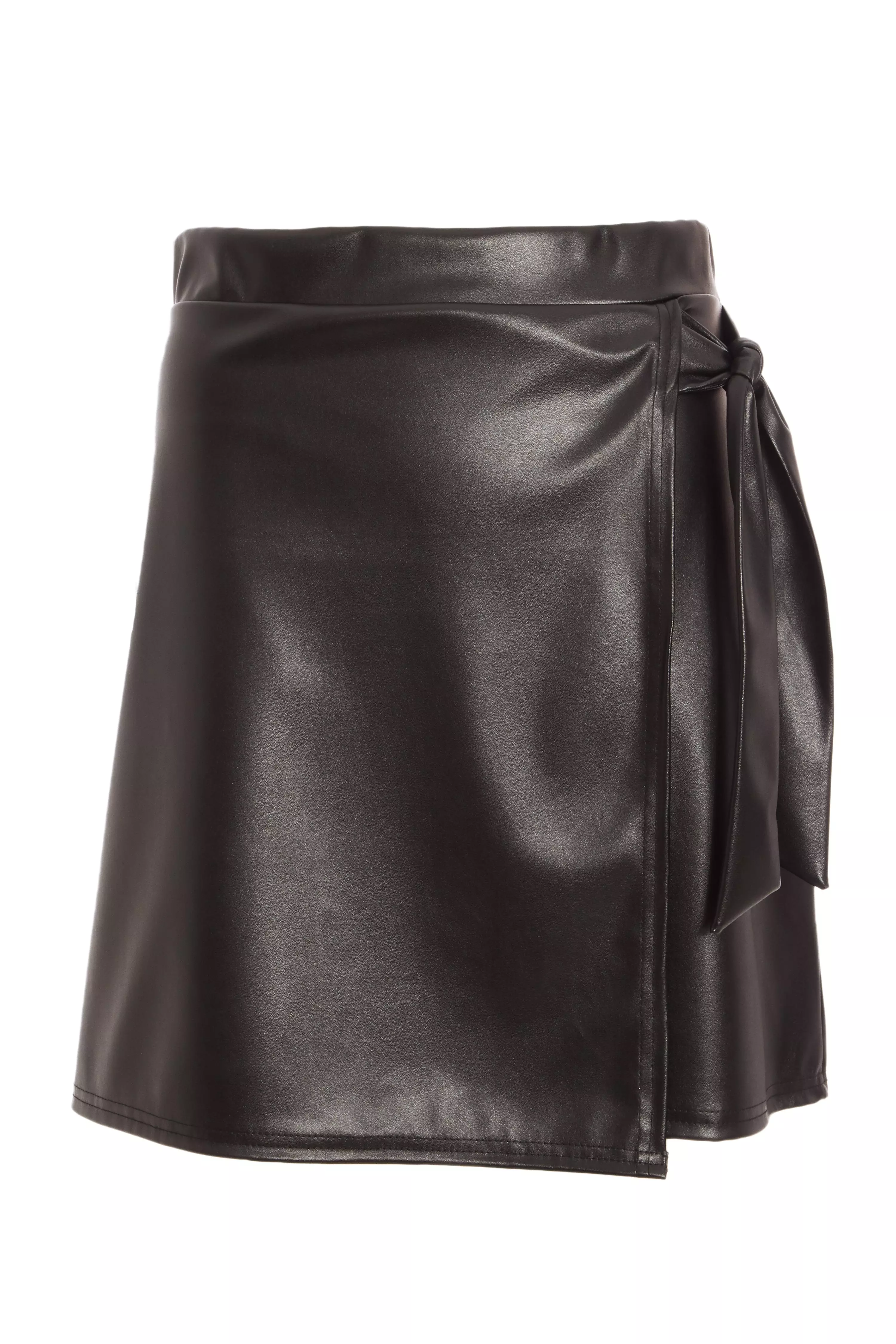 Black Faux Leather Wrap Skirt