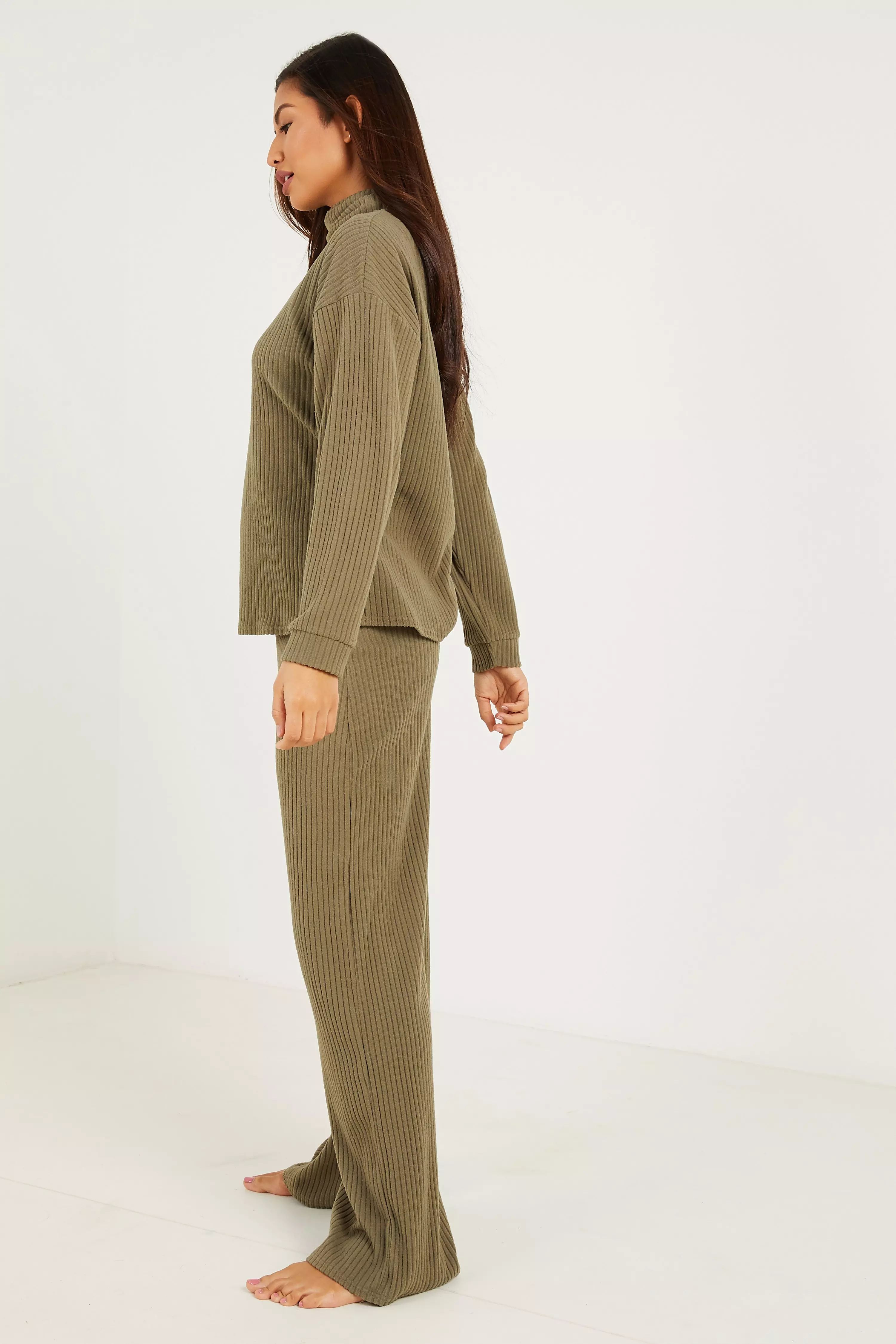 Khaki Ribbed Palazzo Trousers