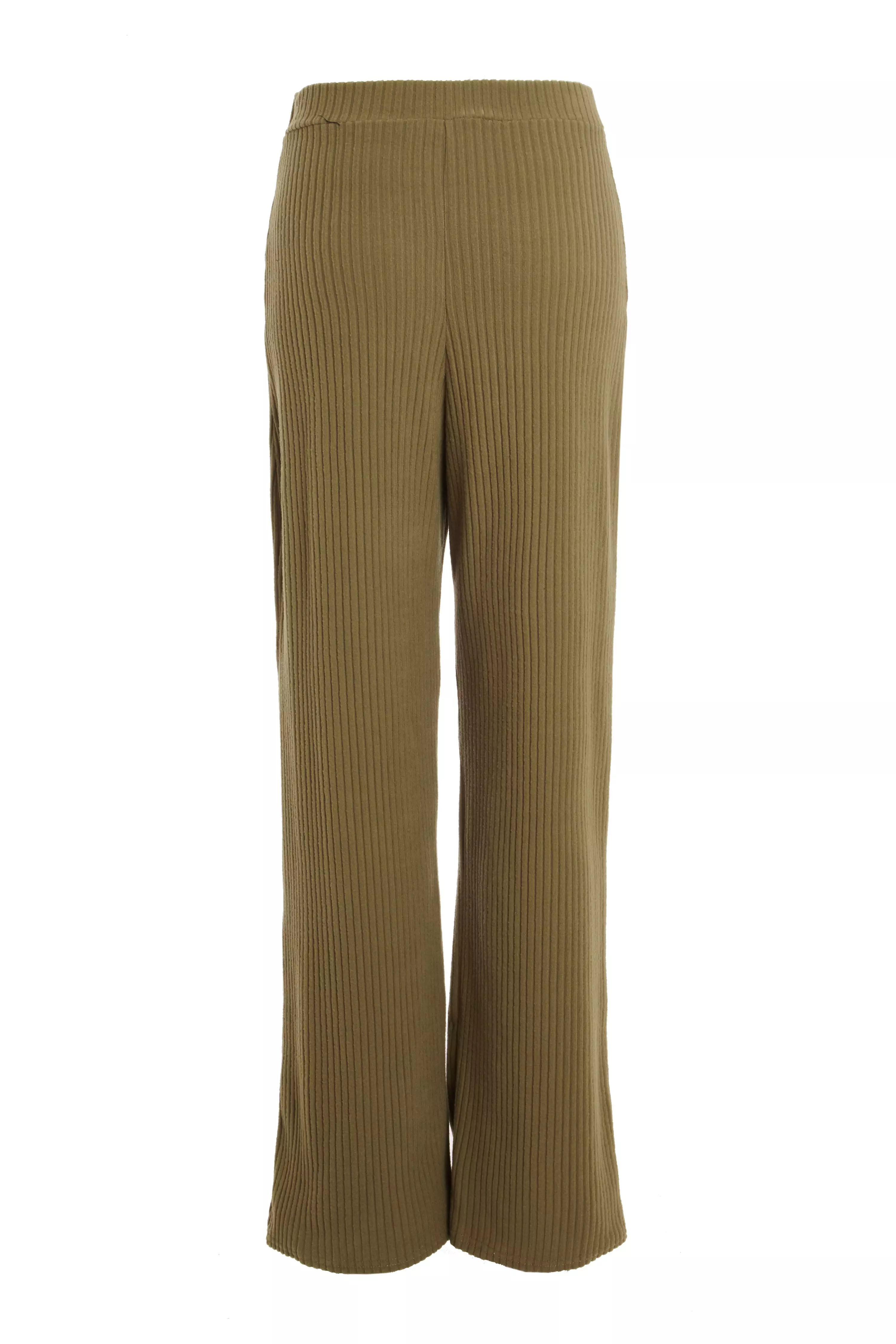 Khaki Ribbed Palazzo Trousers