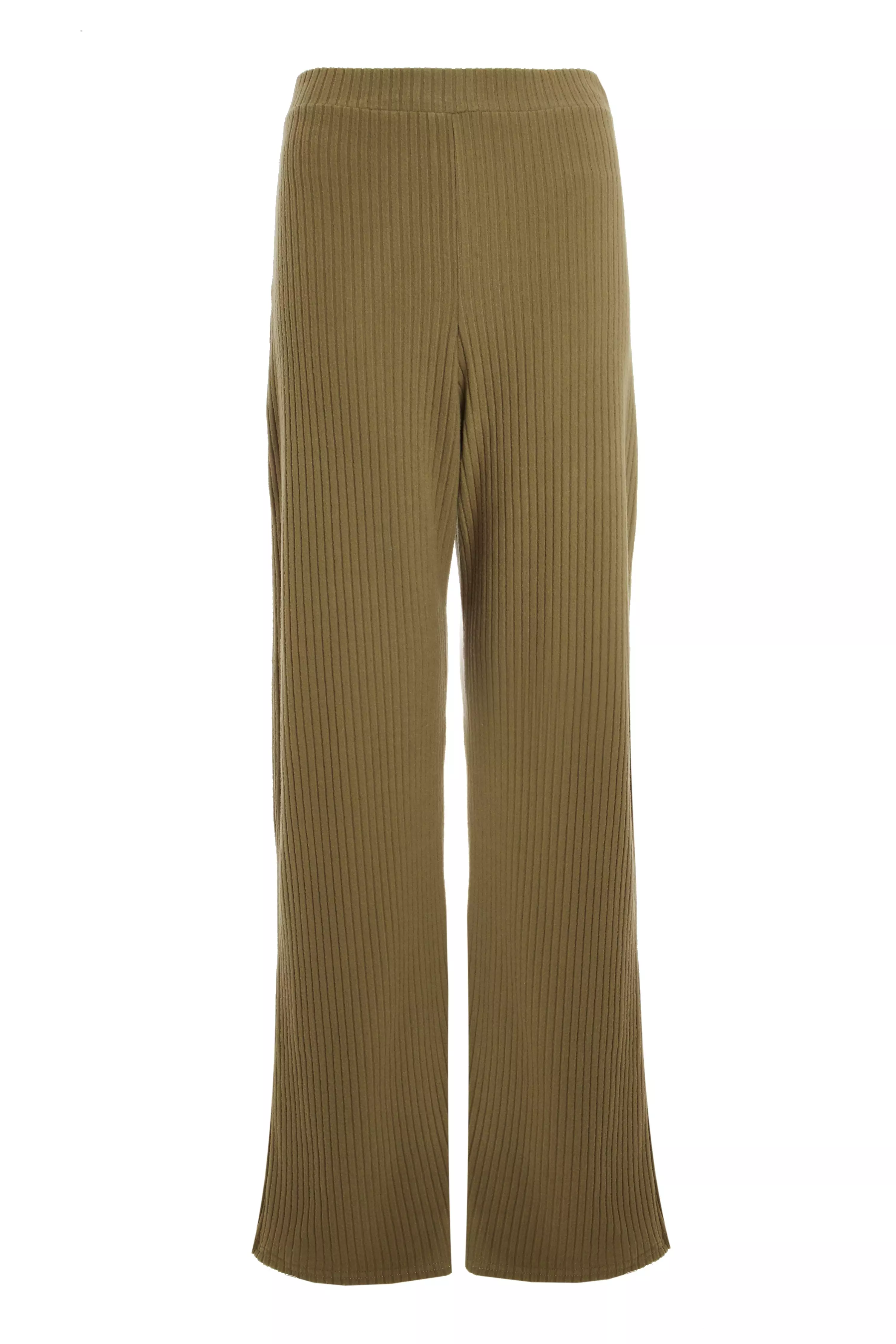 Khaki Ribbed Palazzo Trousers