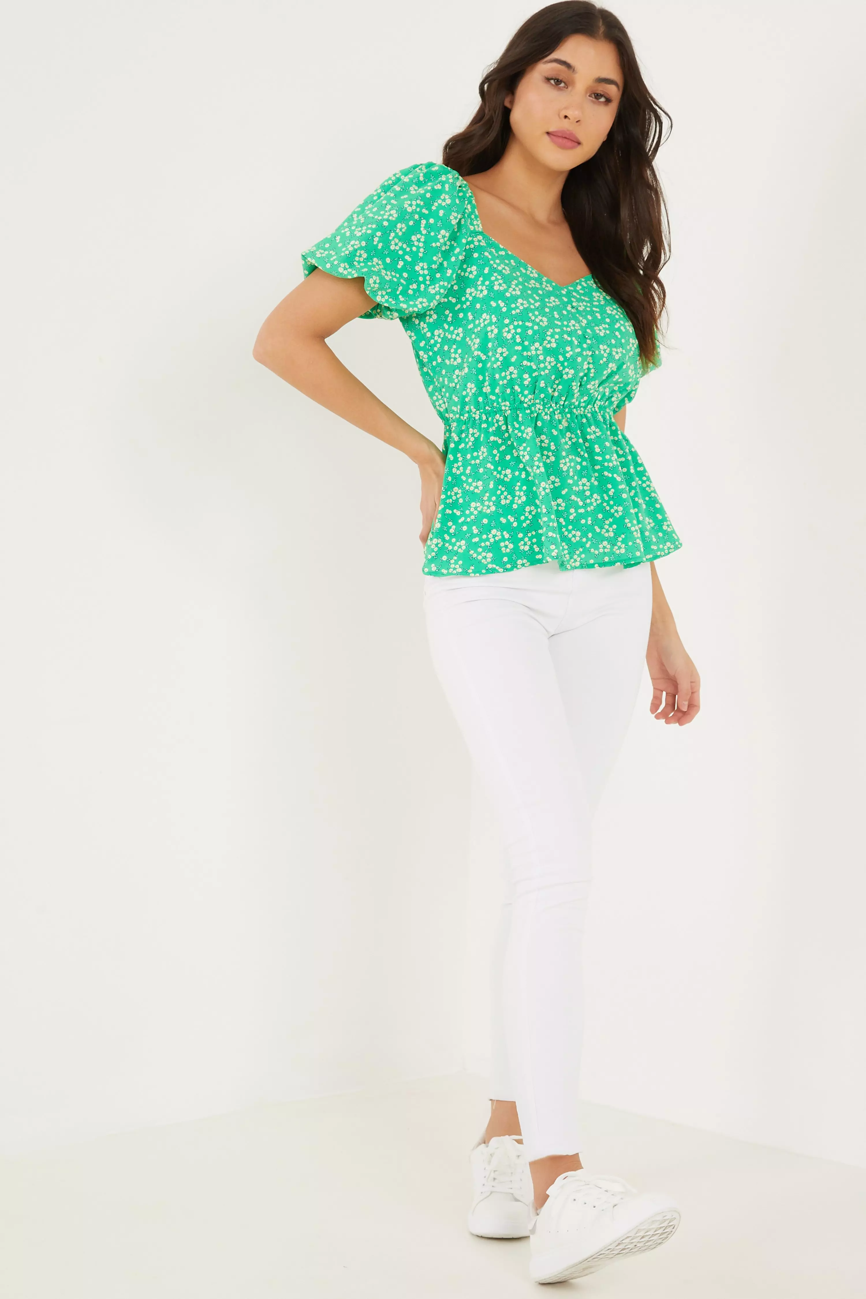 Green Floral Print Peplum Top