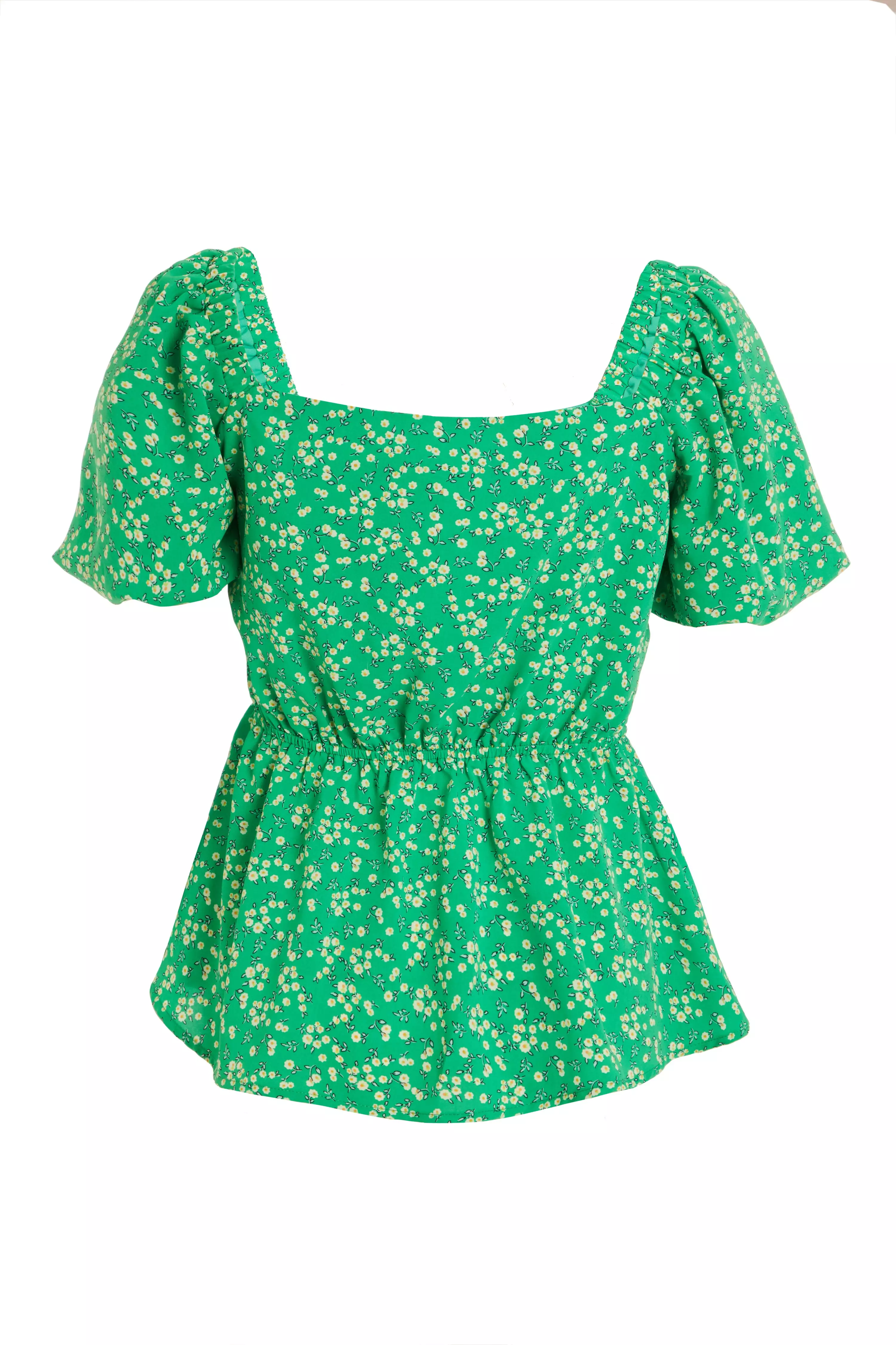 Green Floral Print Peplum Top