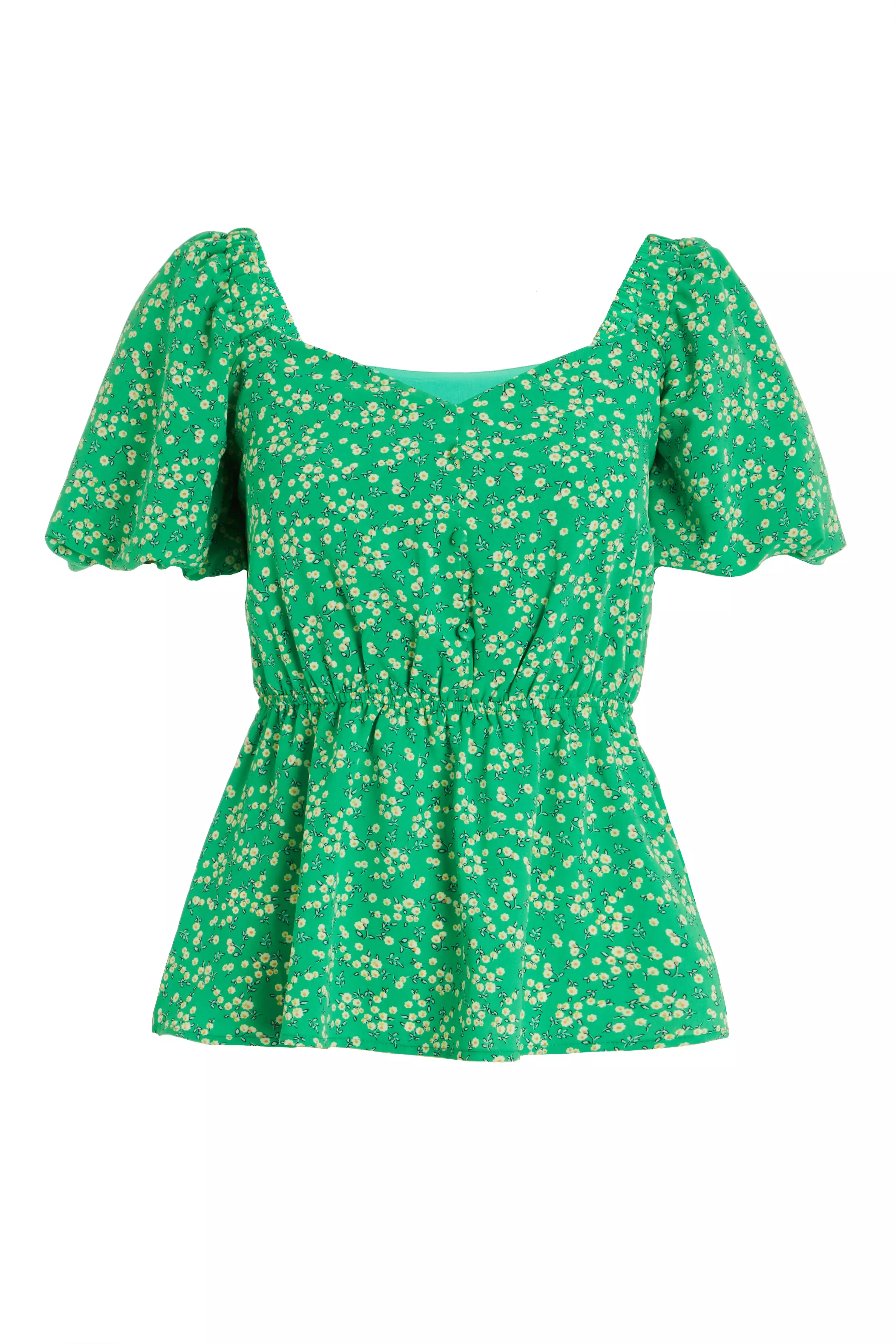 Green Floral Print Peplum Top