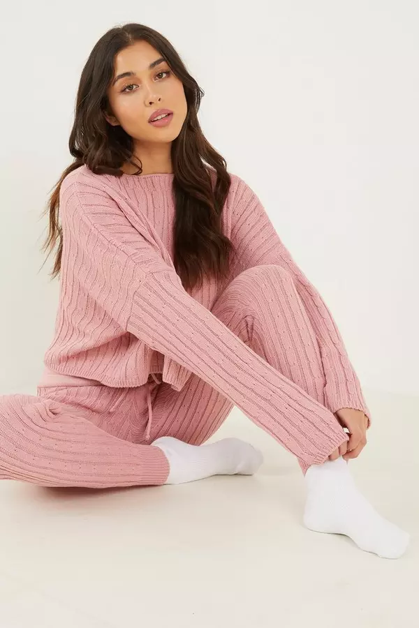 Pink Cable Knit Lounge Set