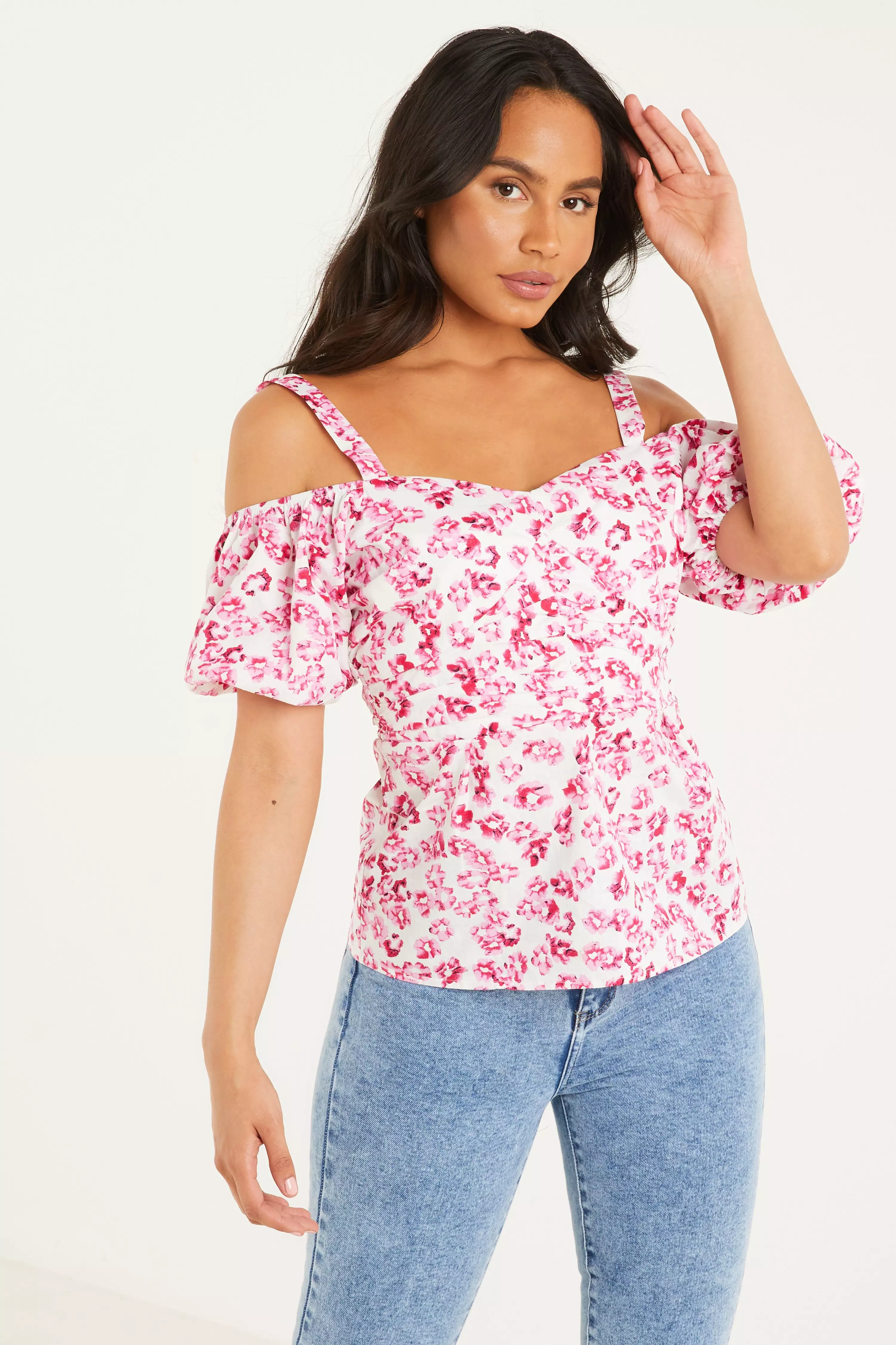 Pink Floral Cold Shoulder Top