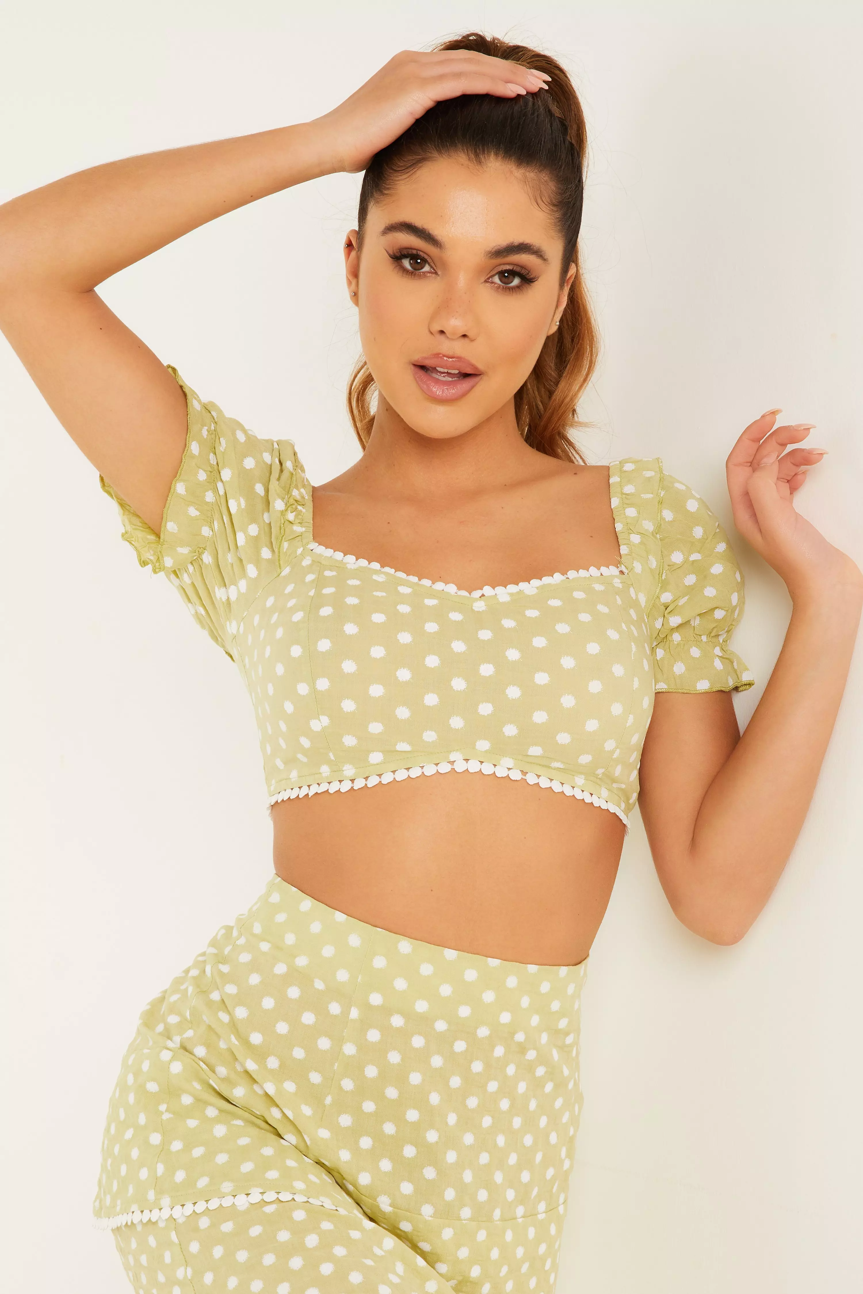 Green polka dot crop 2024 top