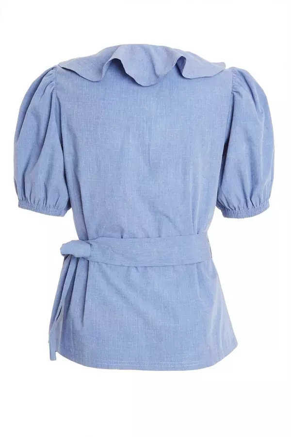 Blue Chambray Wrap Puff Sleeve Top