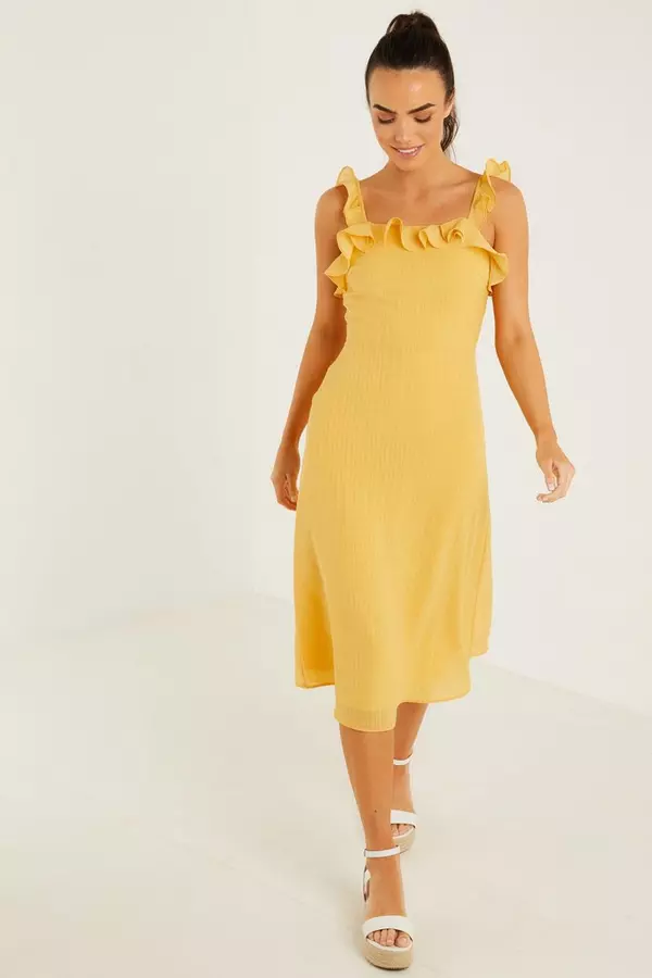 Yellow Chiffon Frill Midi Dress