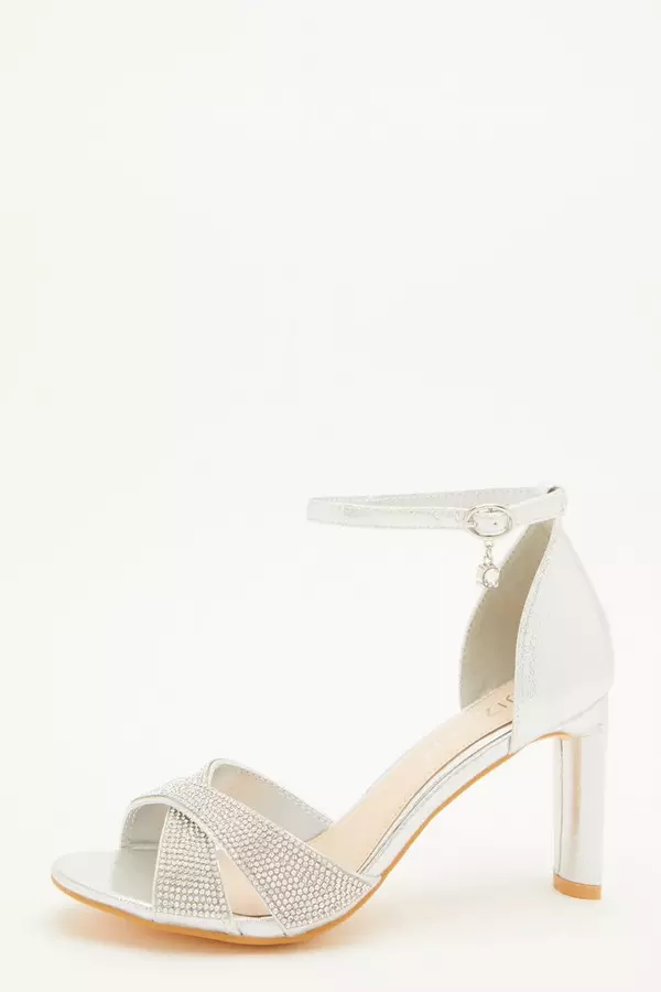 Wide Fit Silver Diamante Heeled Sandal