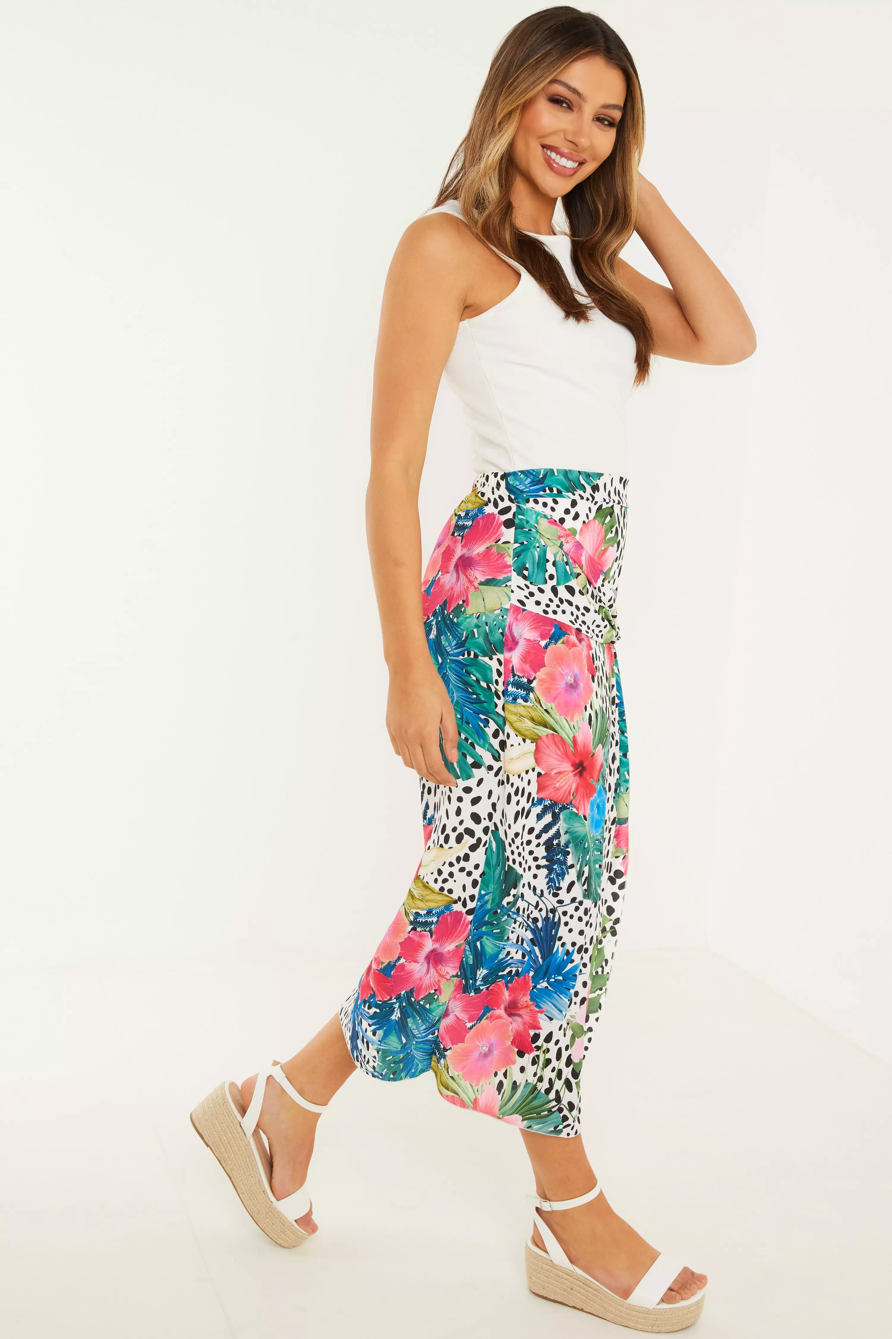 Multicoloured Tropical Print Midi Skirt