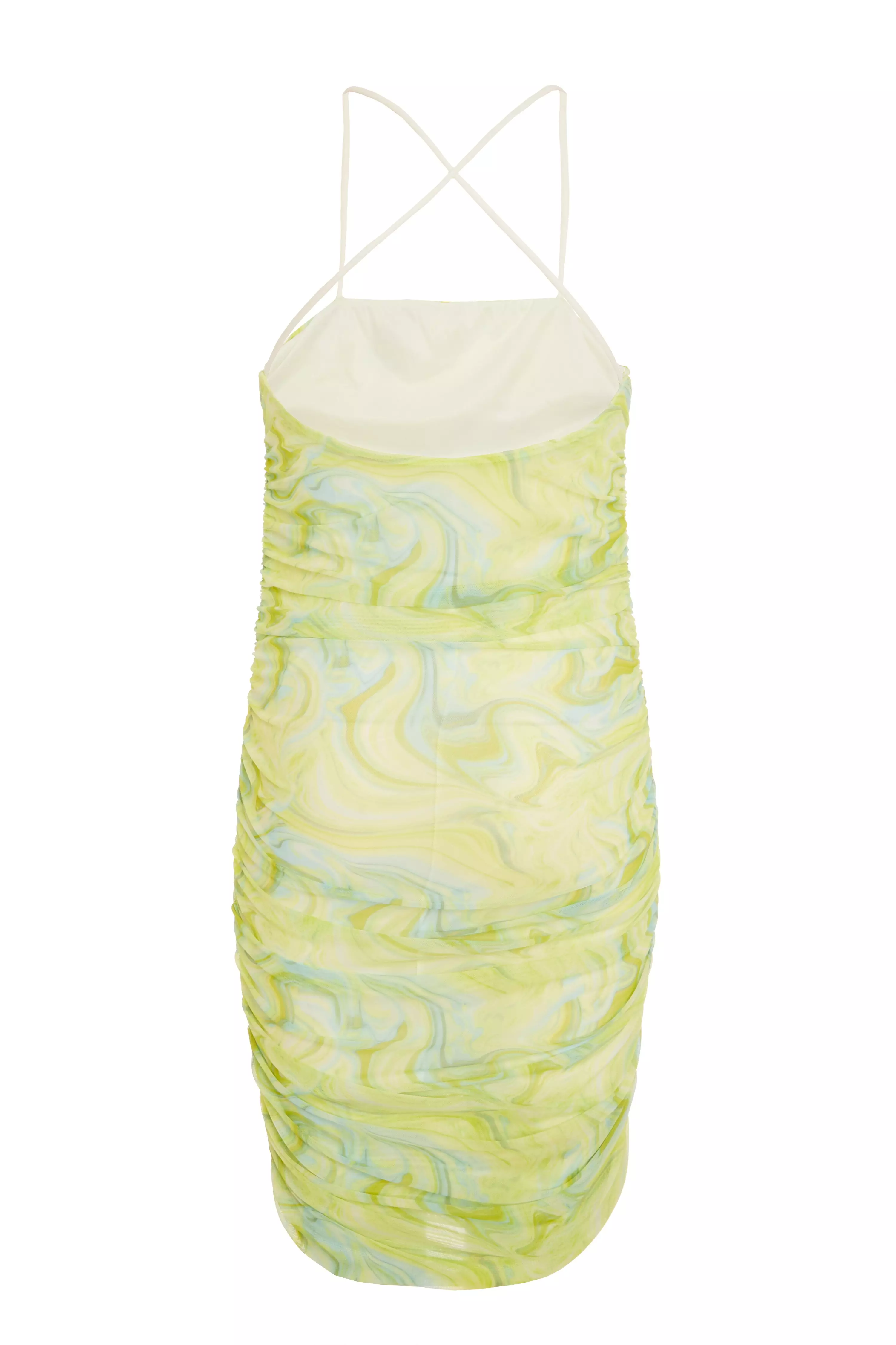 Lime Marble Print Ruched Mini Dress