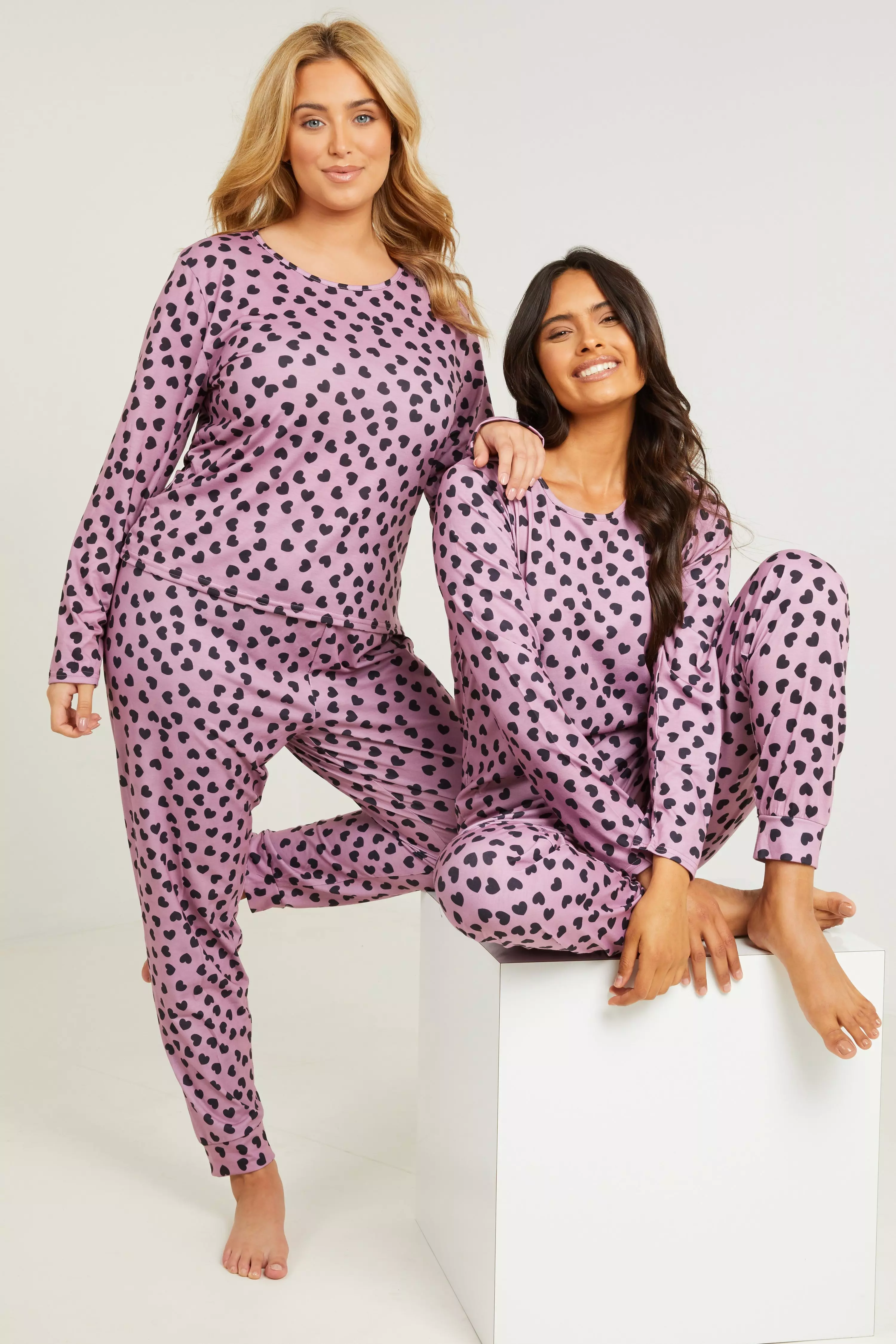 Pink Heart Print Long Pyjama Set