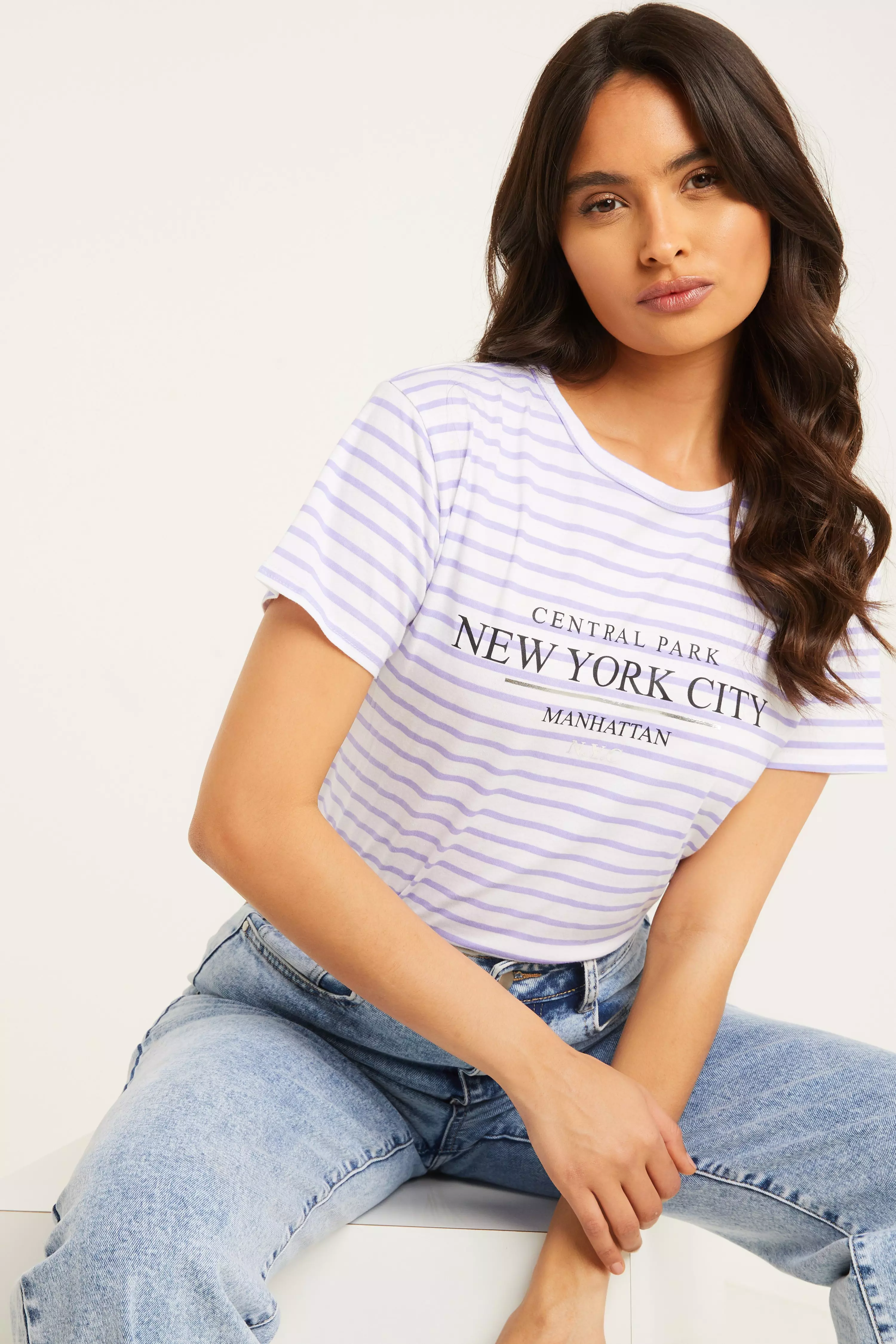 Lilac Stripe Slogan T Shirt