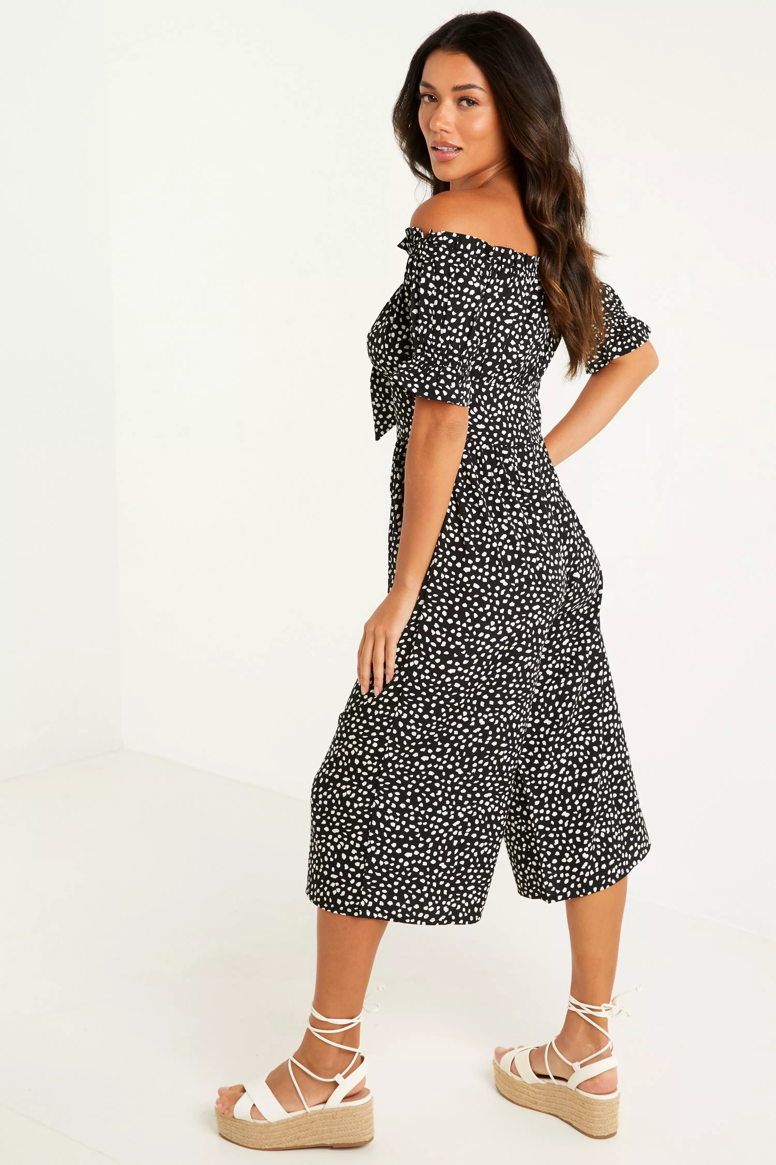 Black Smudge Spot Print Bardot Jumpsuit