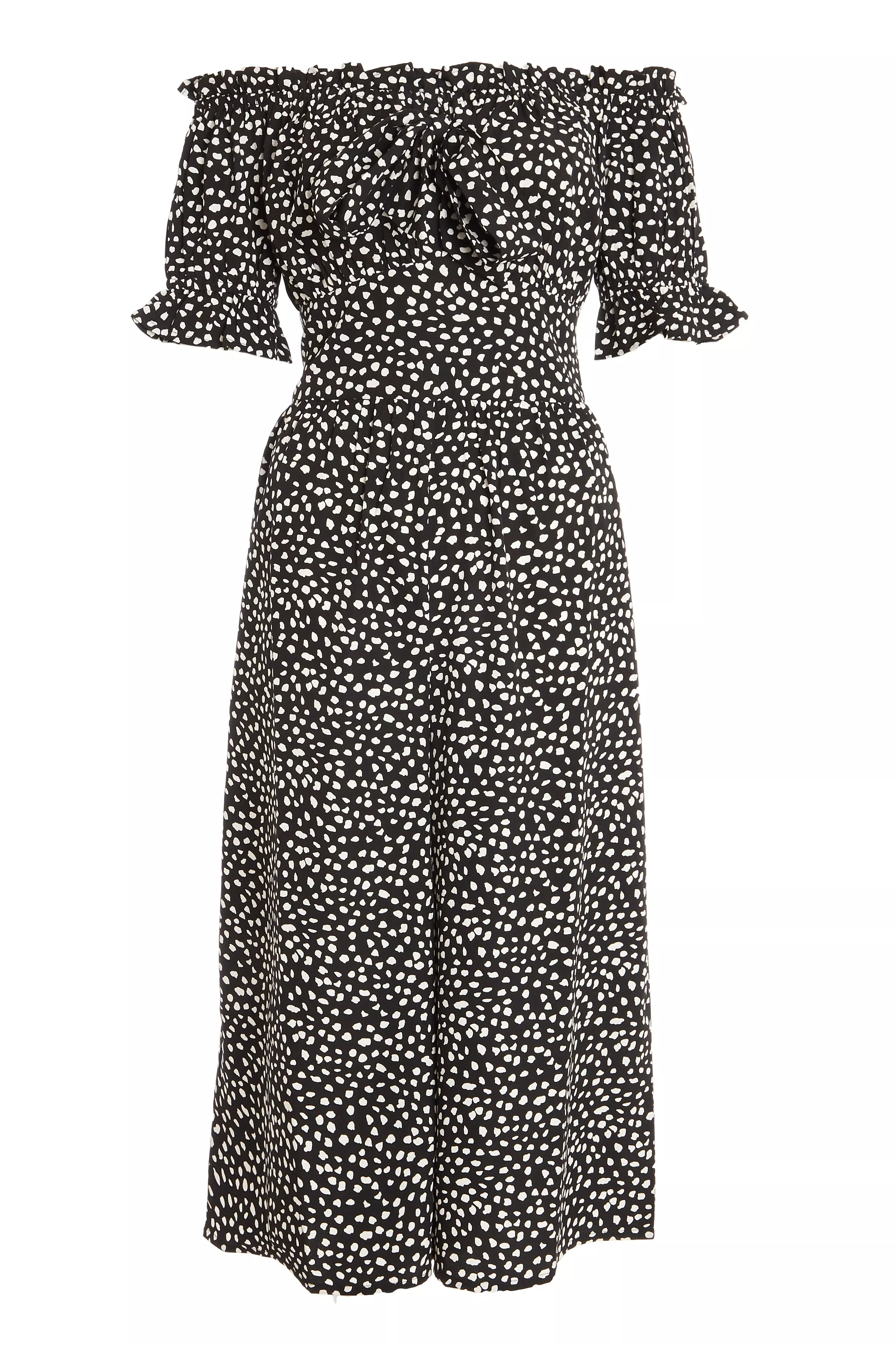 Black Smudge Spot Print Bardot Jumpsuit