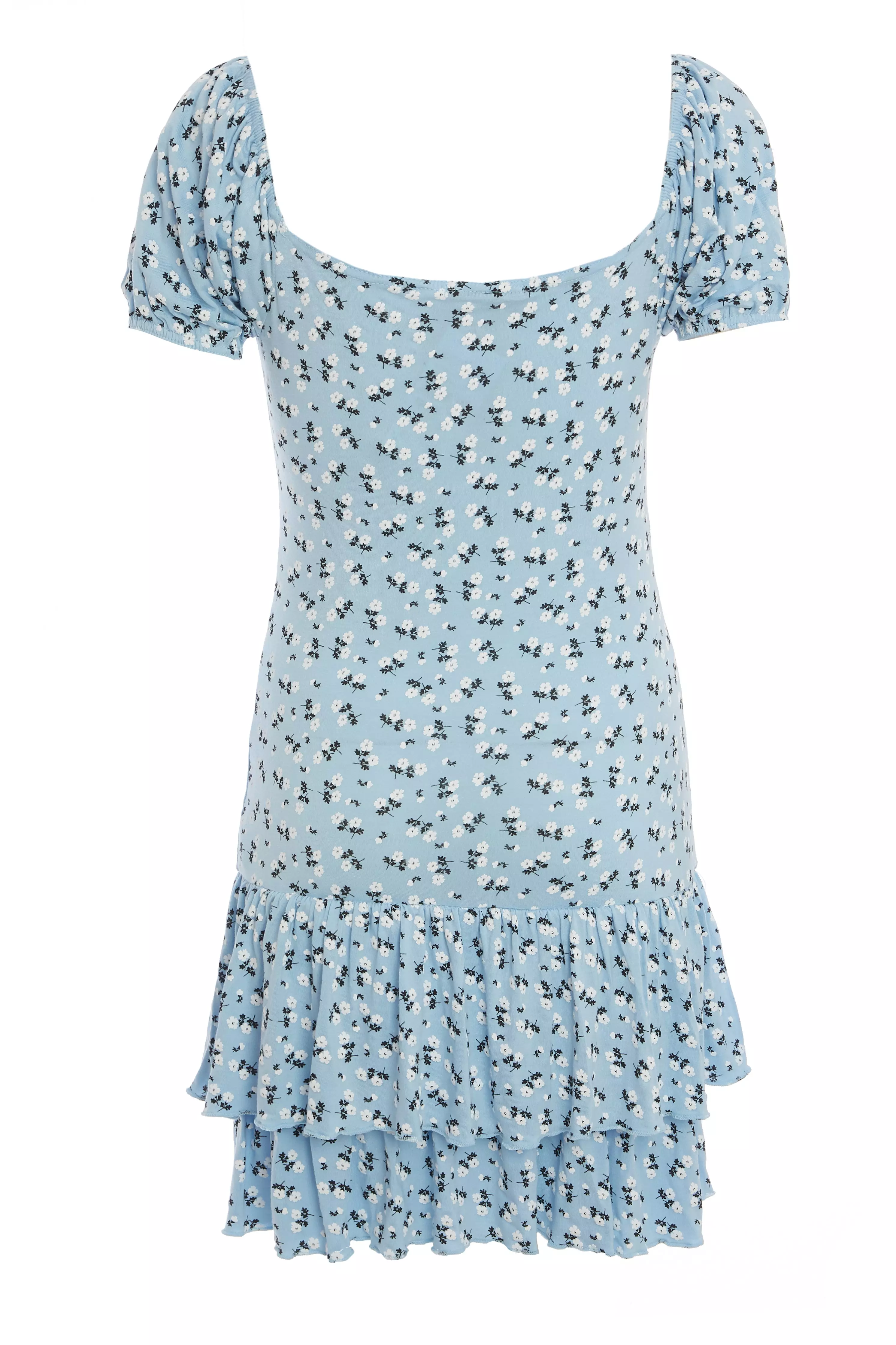 Light Blue Floral Puff Sleeve Dress