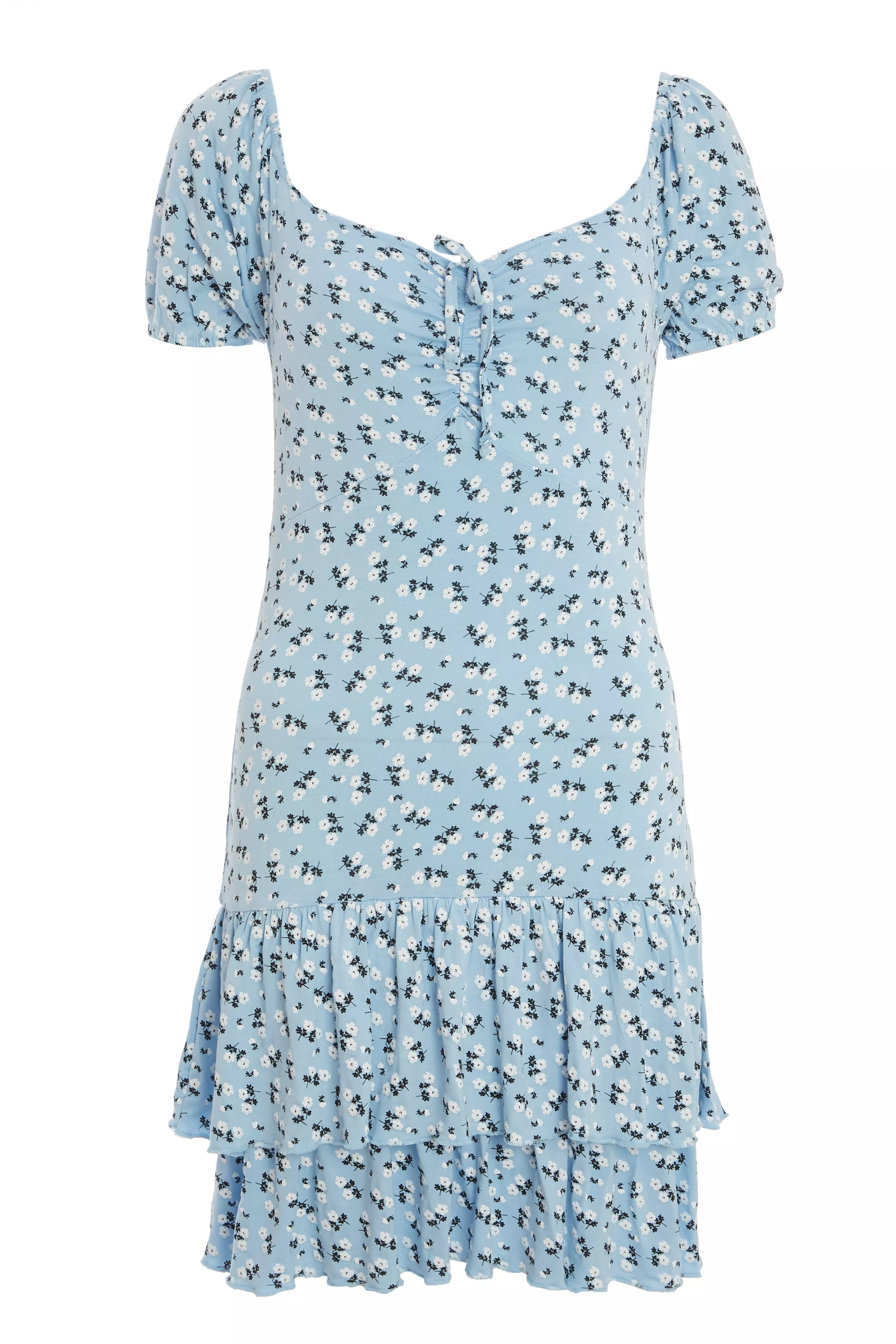 Light Blue Floral Puff Sleeve Dress