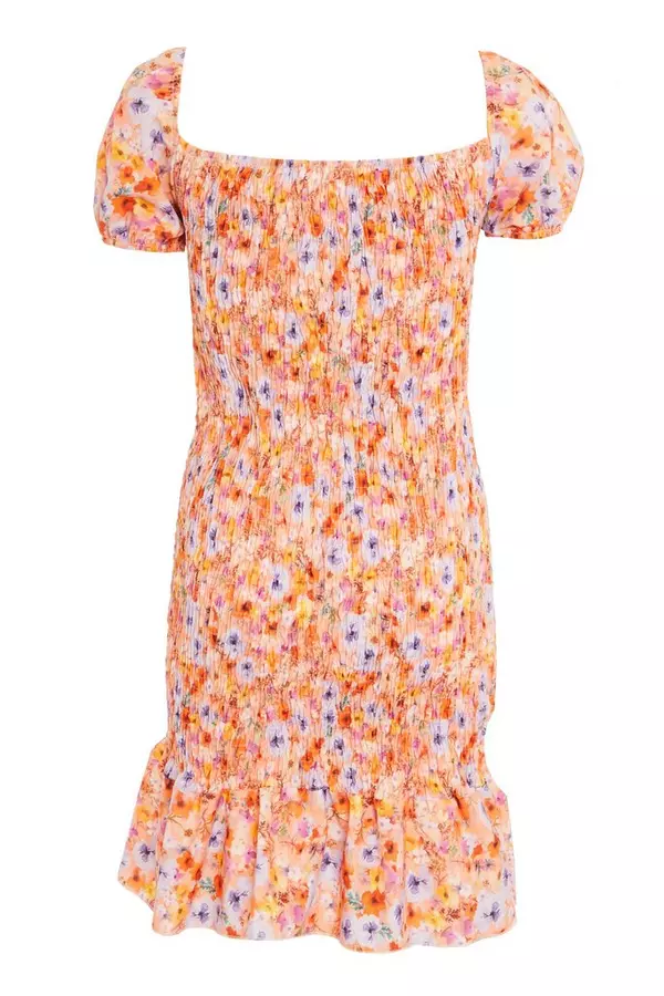 Orange Floral Shirred Bodycon Dress