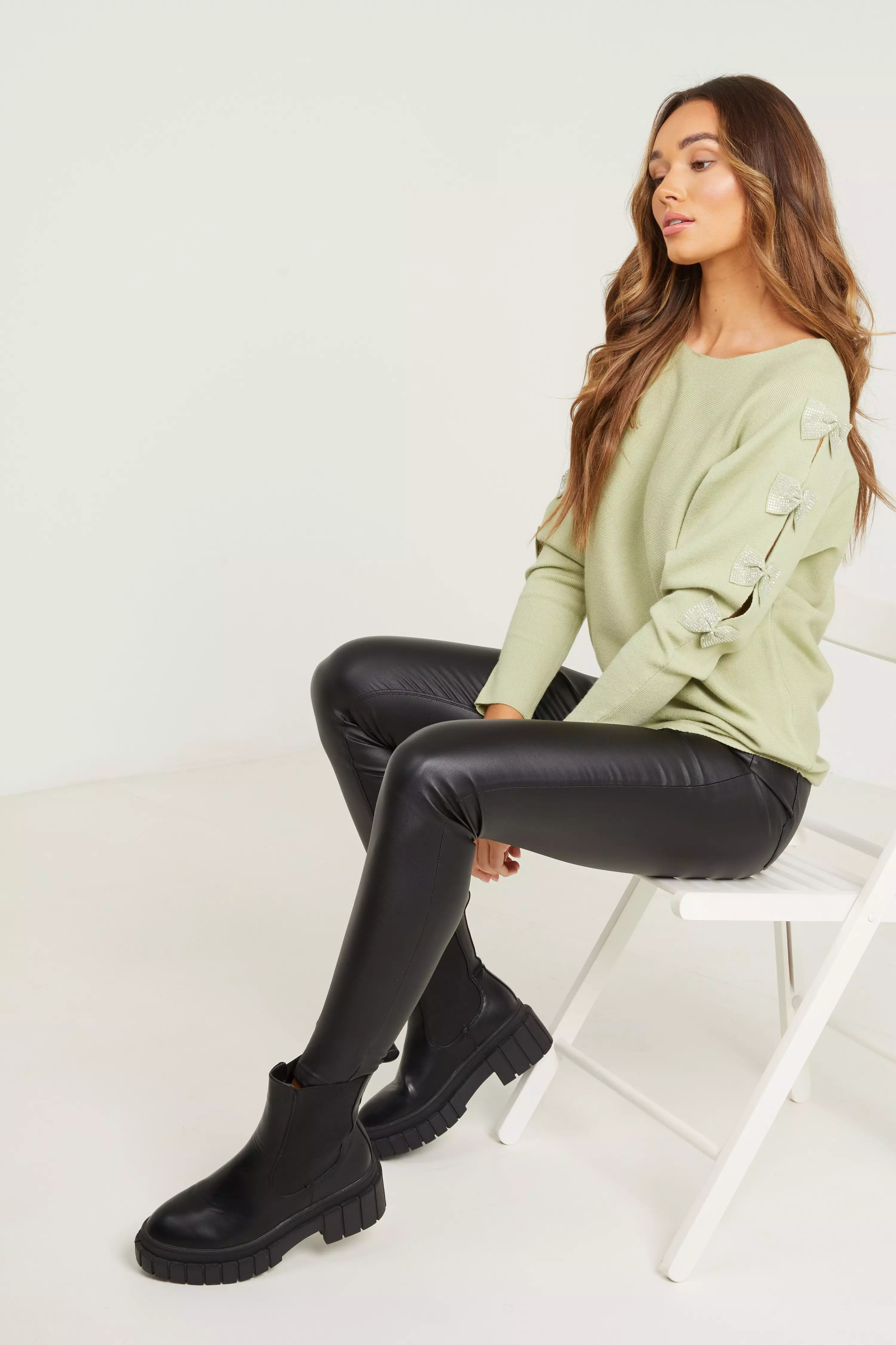 Sage Light Knit Diamante Bow Jumper