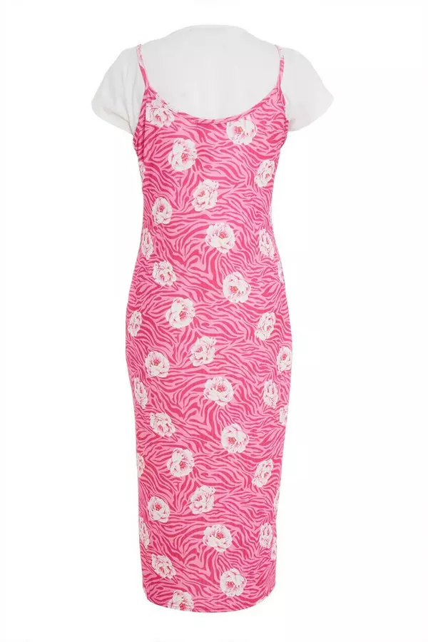 Pink Floral T-Shirt Bodycon Midi Dress