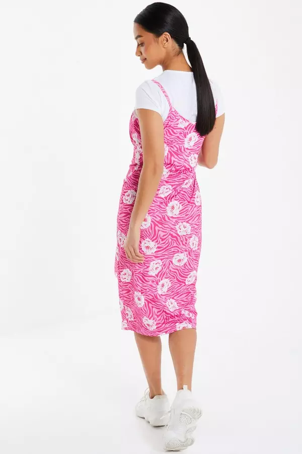 Petite Pink Floral Bodycon Midi Dress