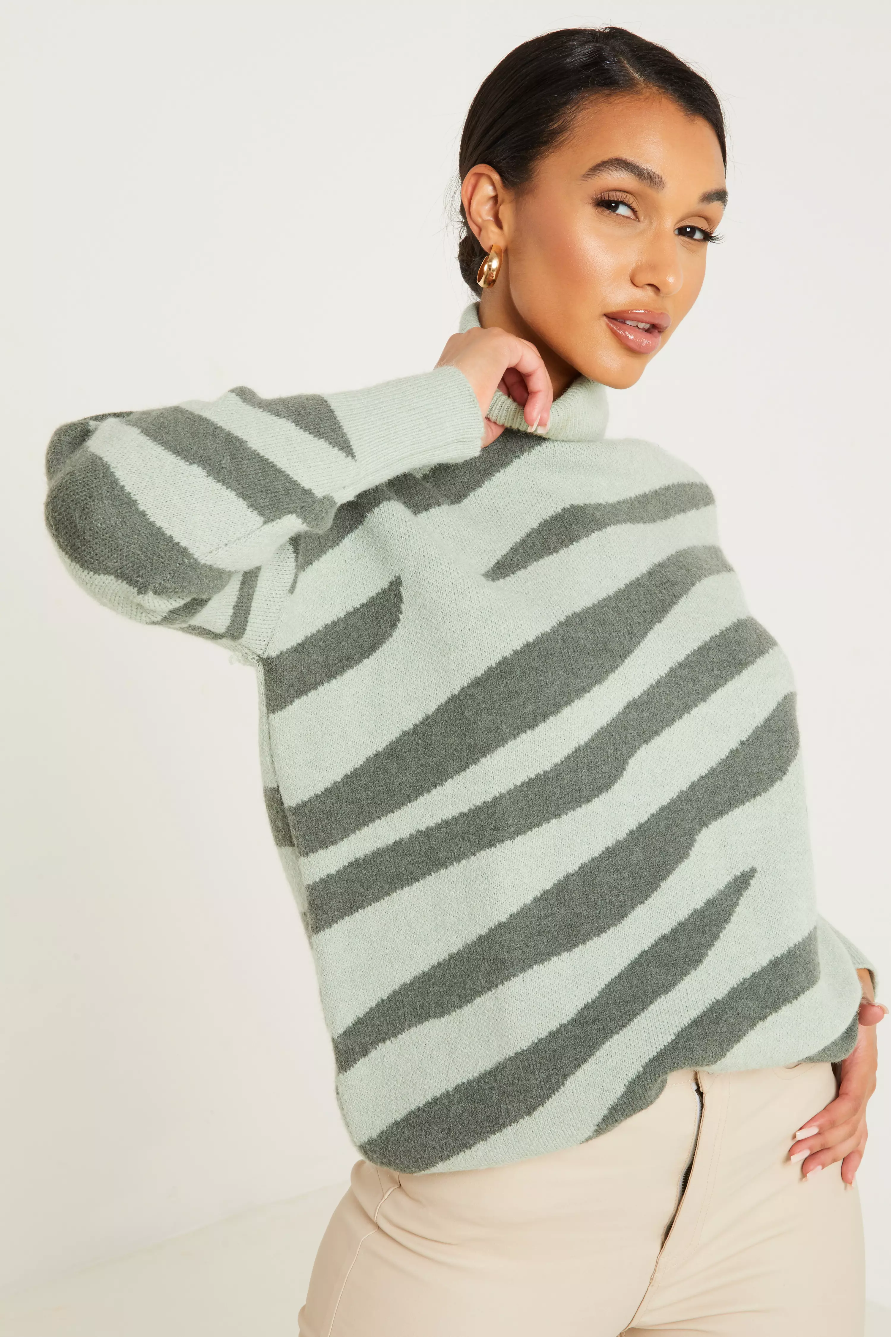 Sage Zebra Print Knitted Jumper